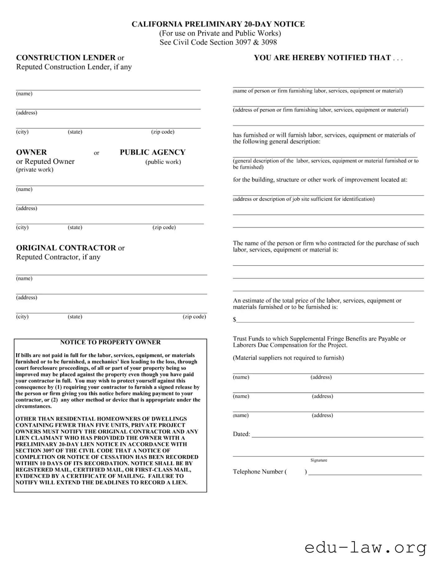 Fill in Your California Preliminary 20 Day Notice Template