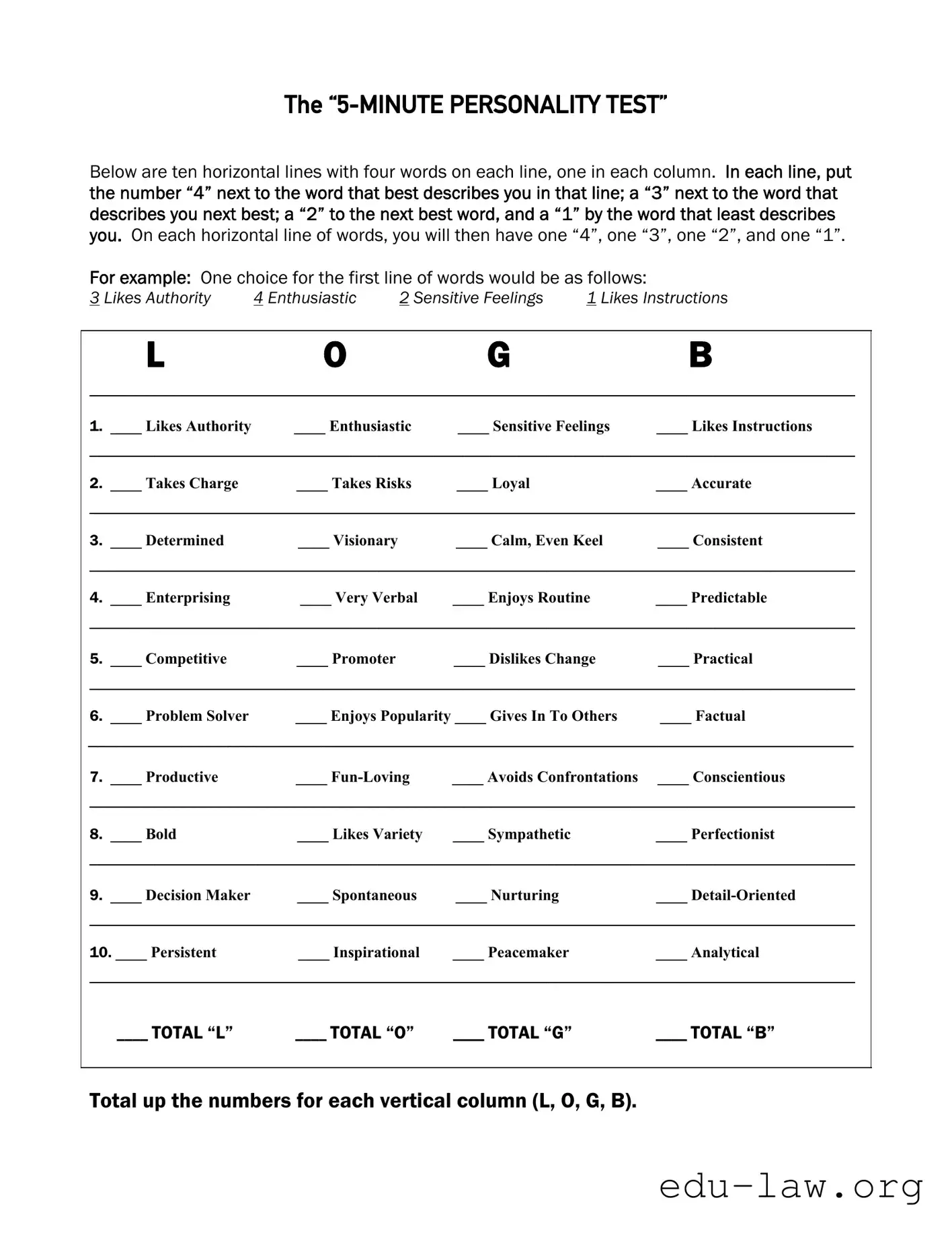 Fill in Your 5 Minute Personality Test Template
