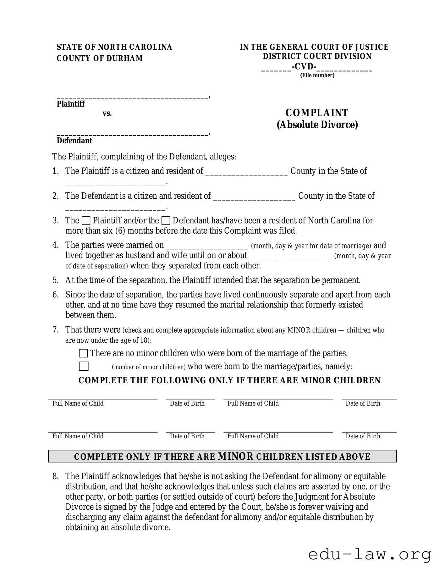 Fill in Your Complaint Divorce Nc Template