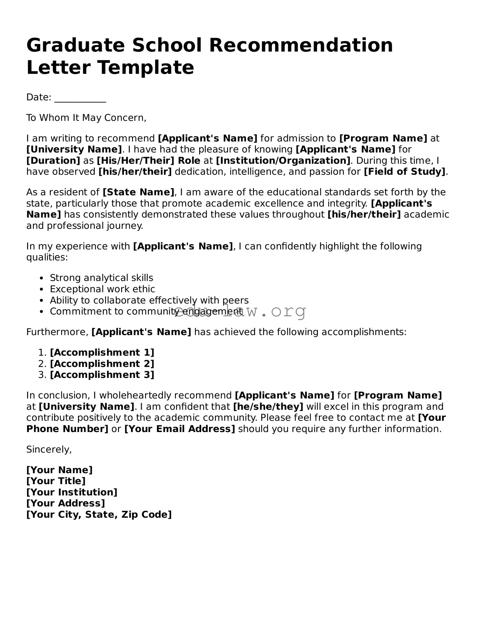 Graduate School Recommendation Letter Template