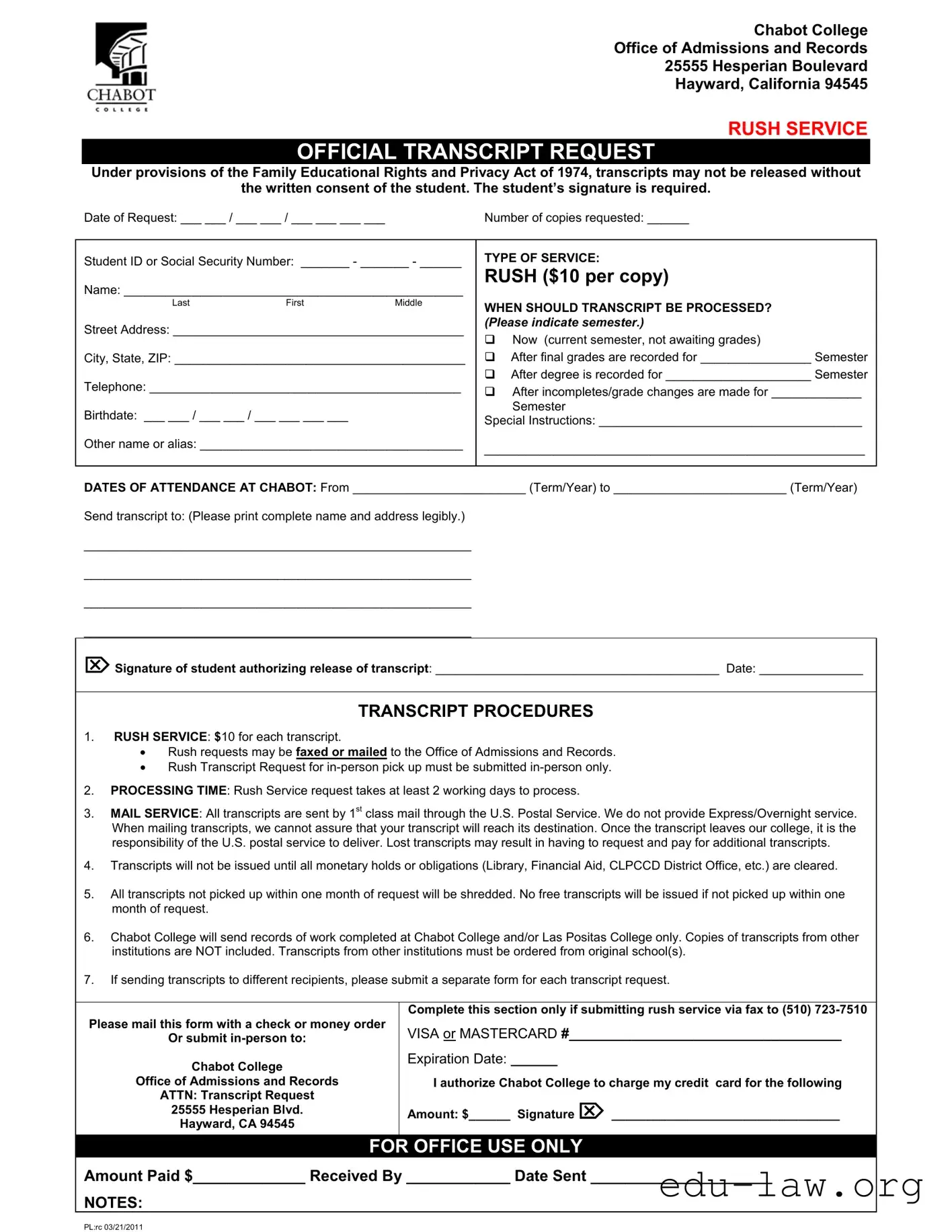 Fill in Your Chabot Transcript Request Template