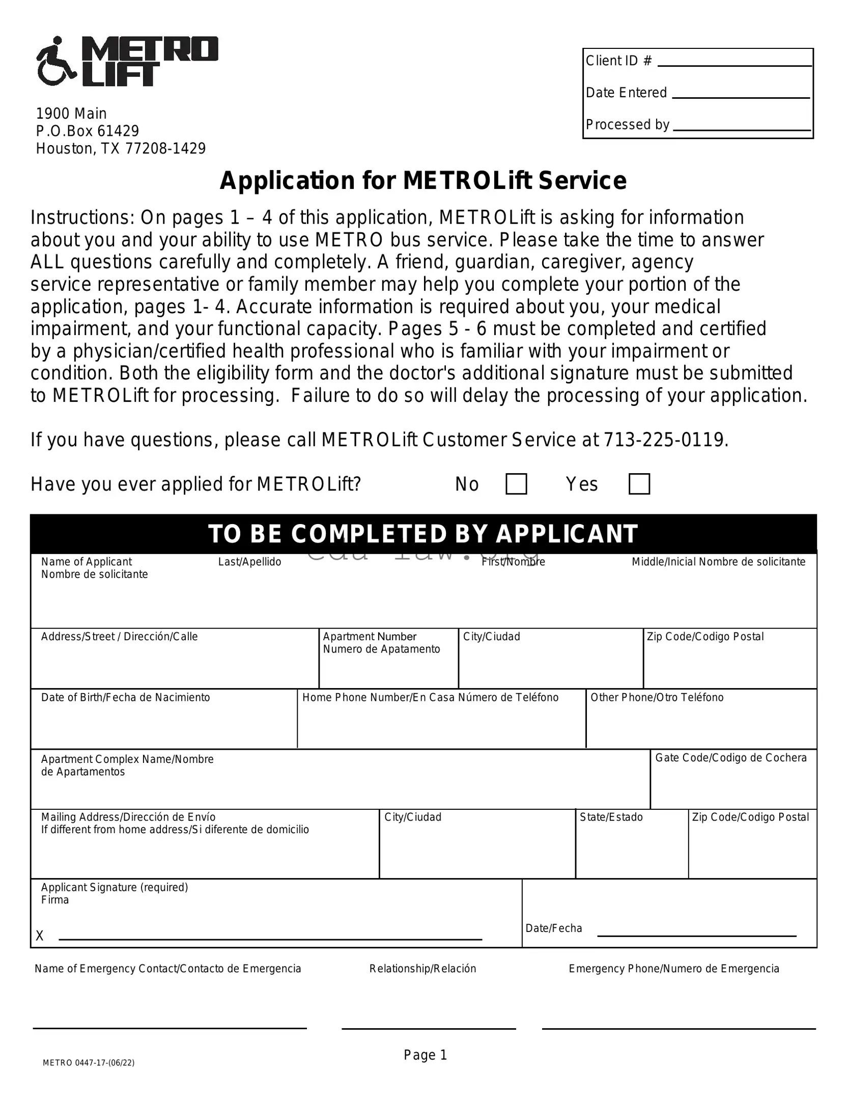 Fill in Your Metrolift Application Template