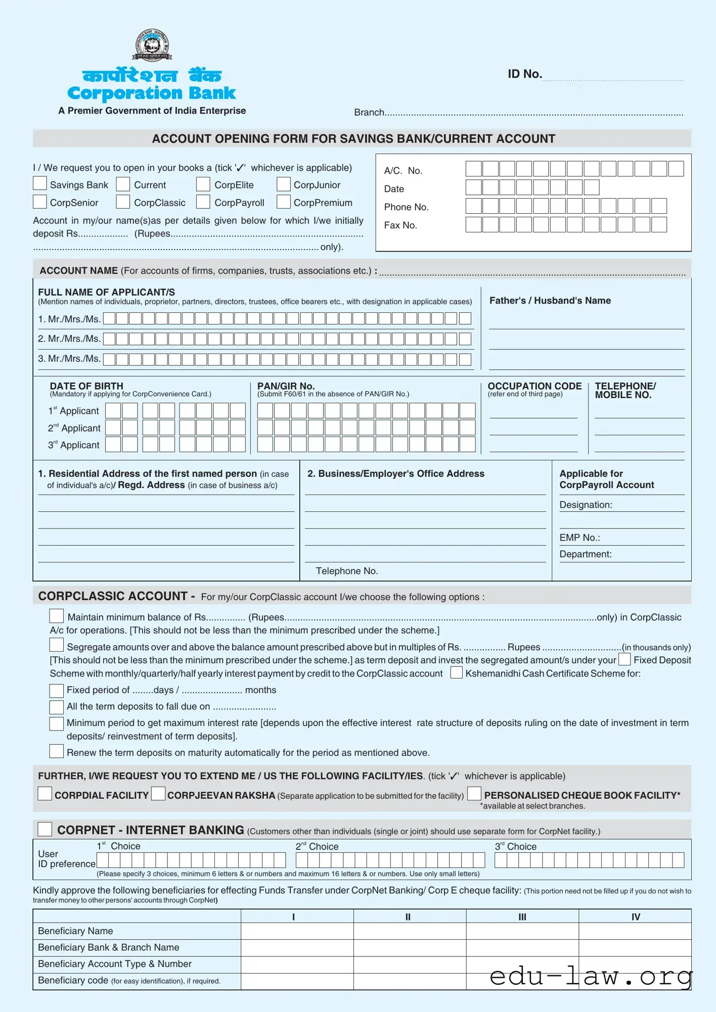Fill in Your Corporation Bank Account Opening Template