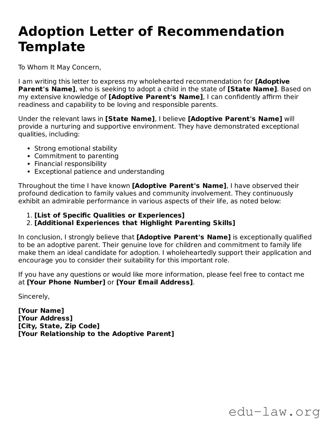 Adoption Letter of Recommendation Template