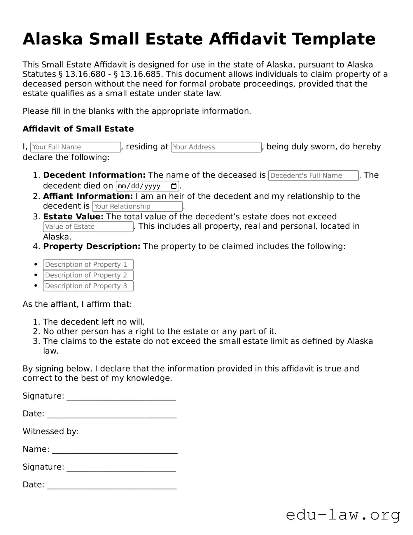 Legal  Small Estate Affidavit Template for Alaska