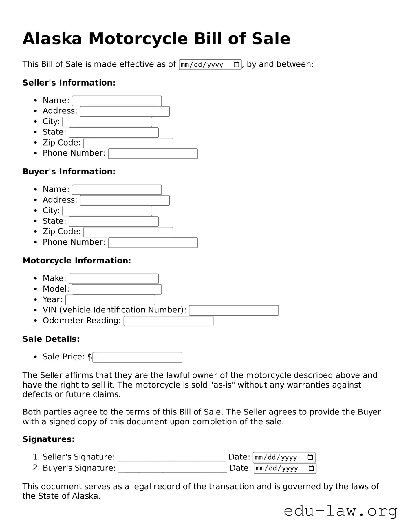 Legal  Motorcycle Bill of Sale Template for Alaska