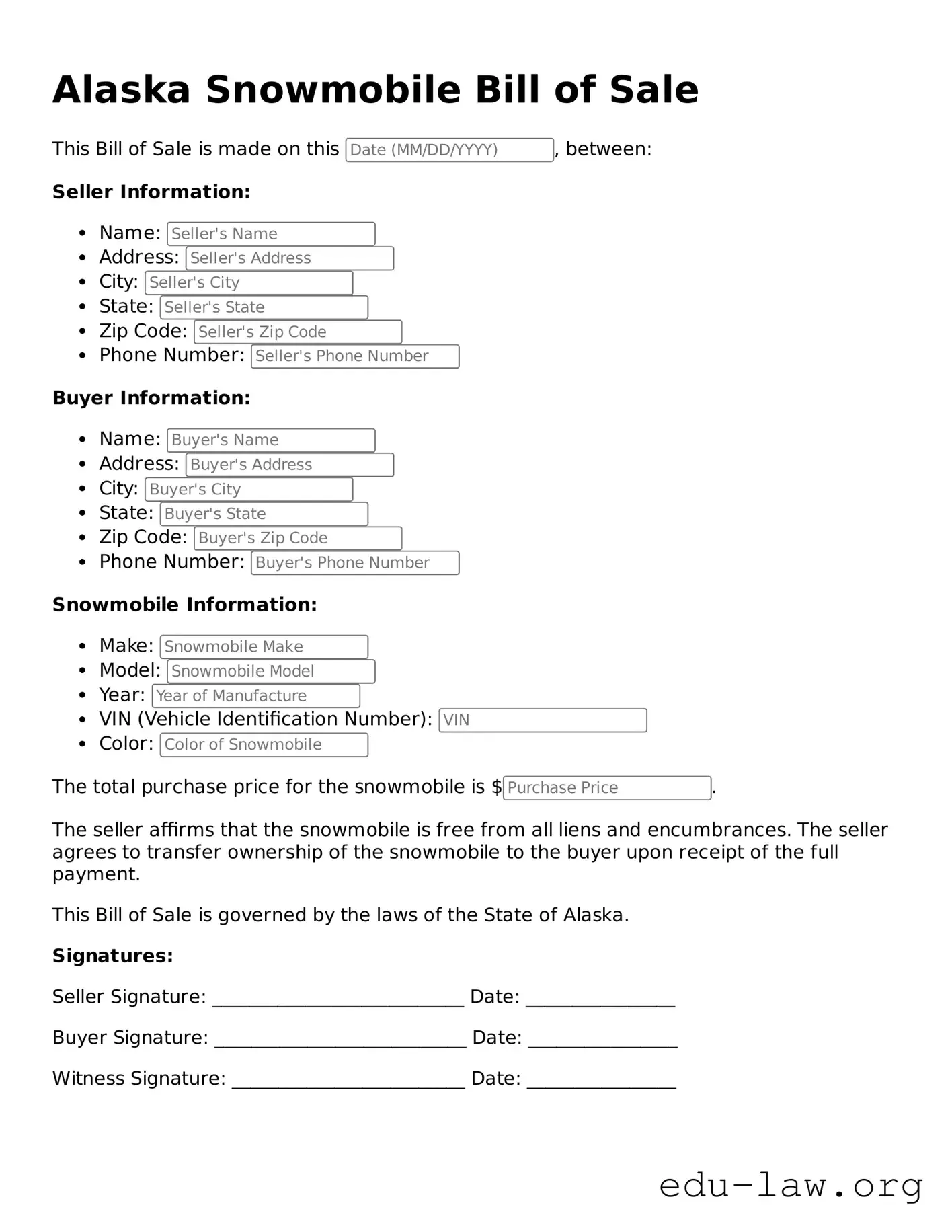 Legal  Snowmobile Bill of Sale Template for Alaska