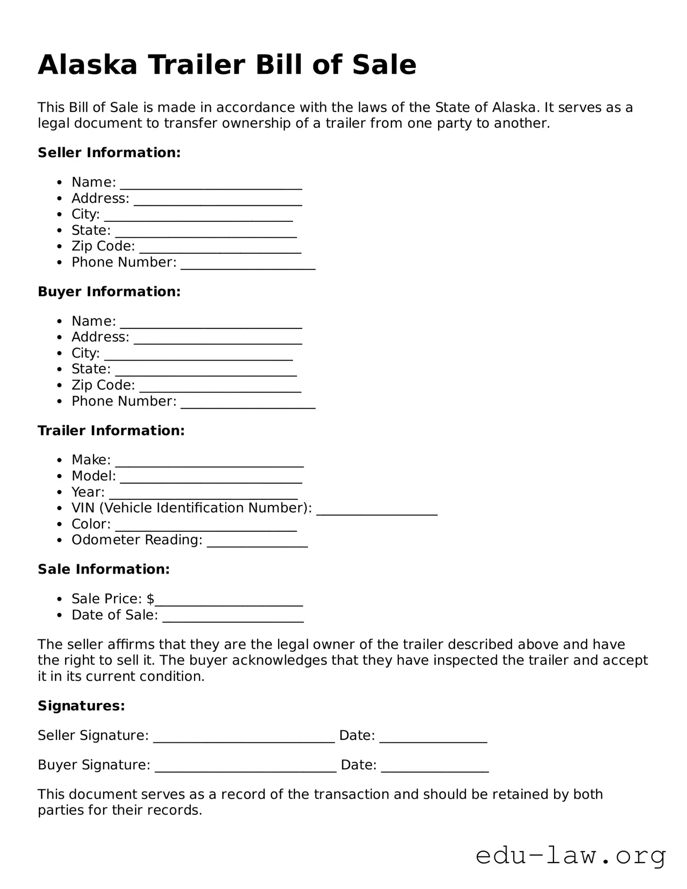 Legal  Trailer Bill of Sale Template for Alaska