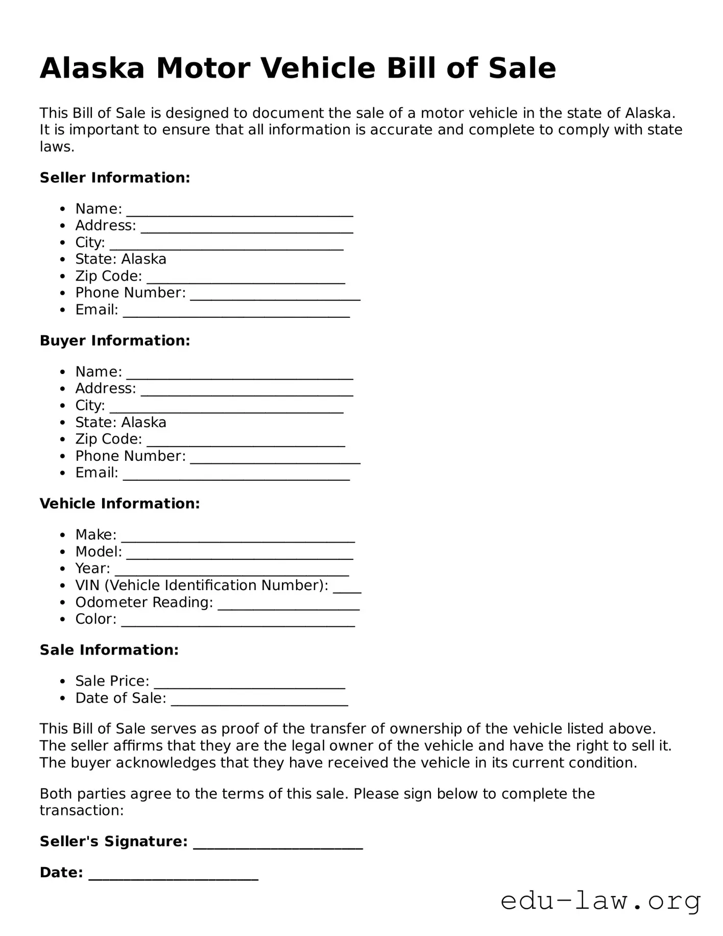 Legal  Motor Vehicle Bill of Sale Template for Alaska