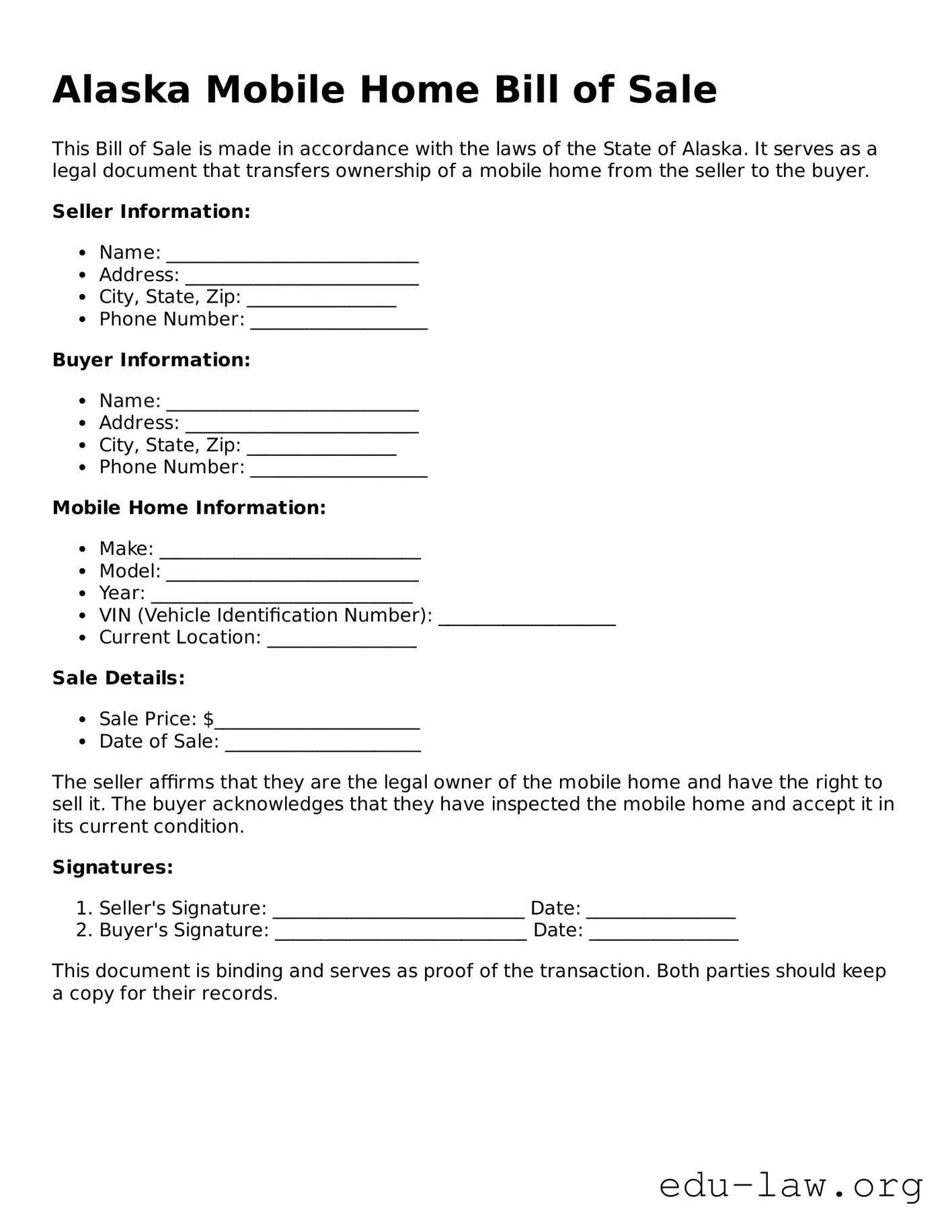 Legal  Mobile Home Bill of Sale Template for Alaska