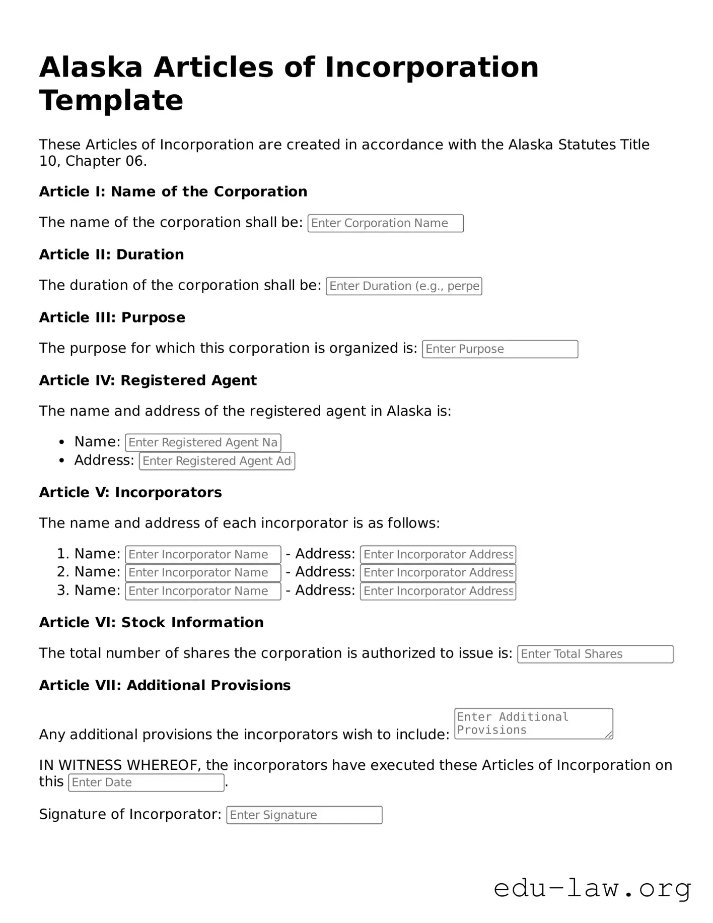 Legal  Articles of Incorporation Template for Alaska