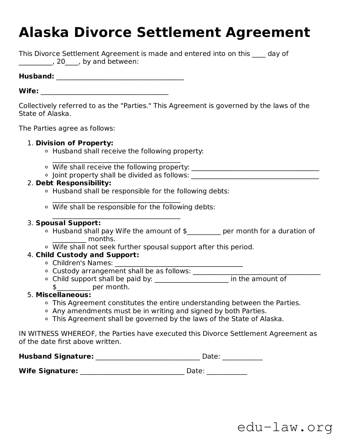 Legal  Divorce Settlement Agreement Template for Alaska