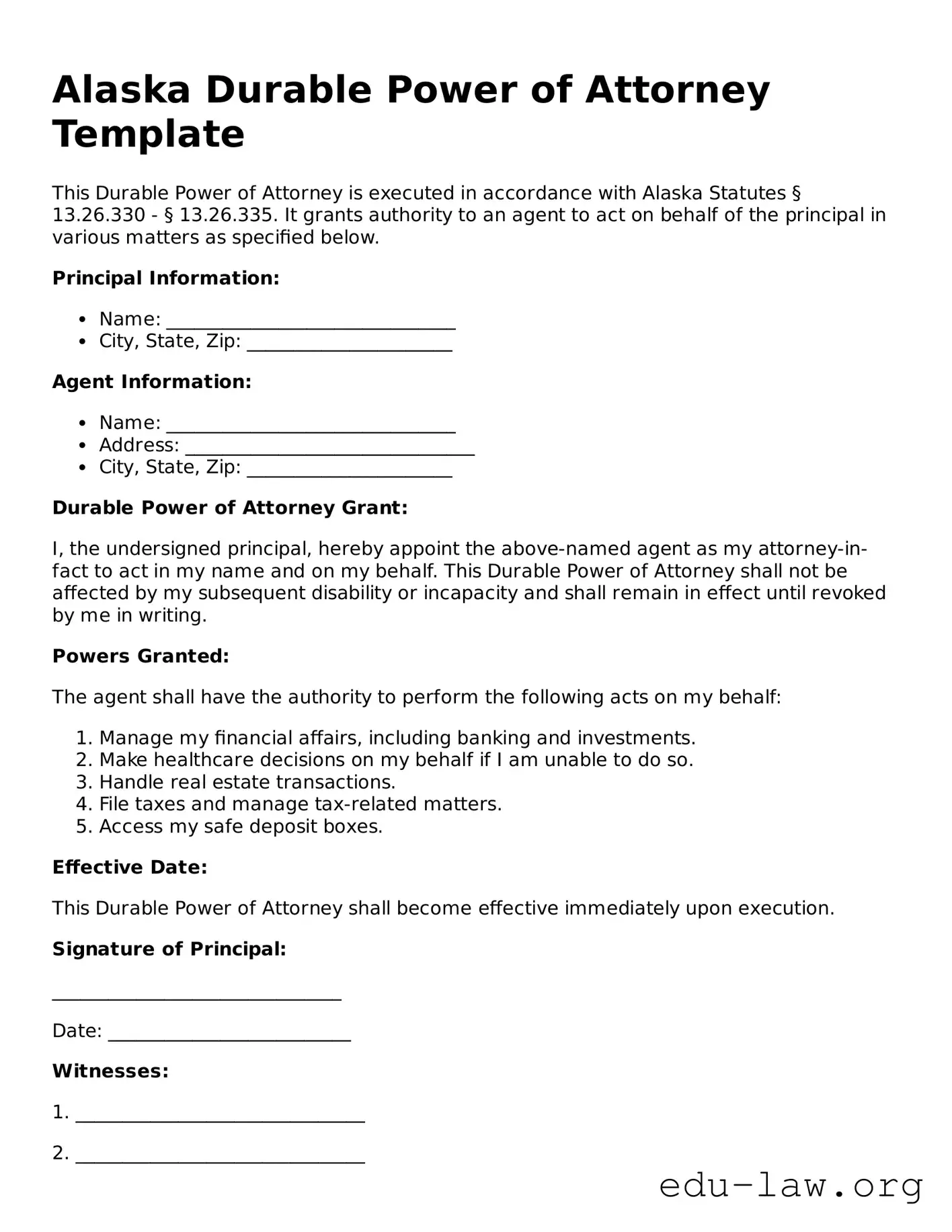 Legal  Durable Power of Attorney Template for Alaska