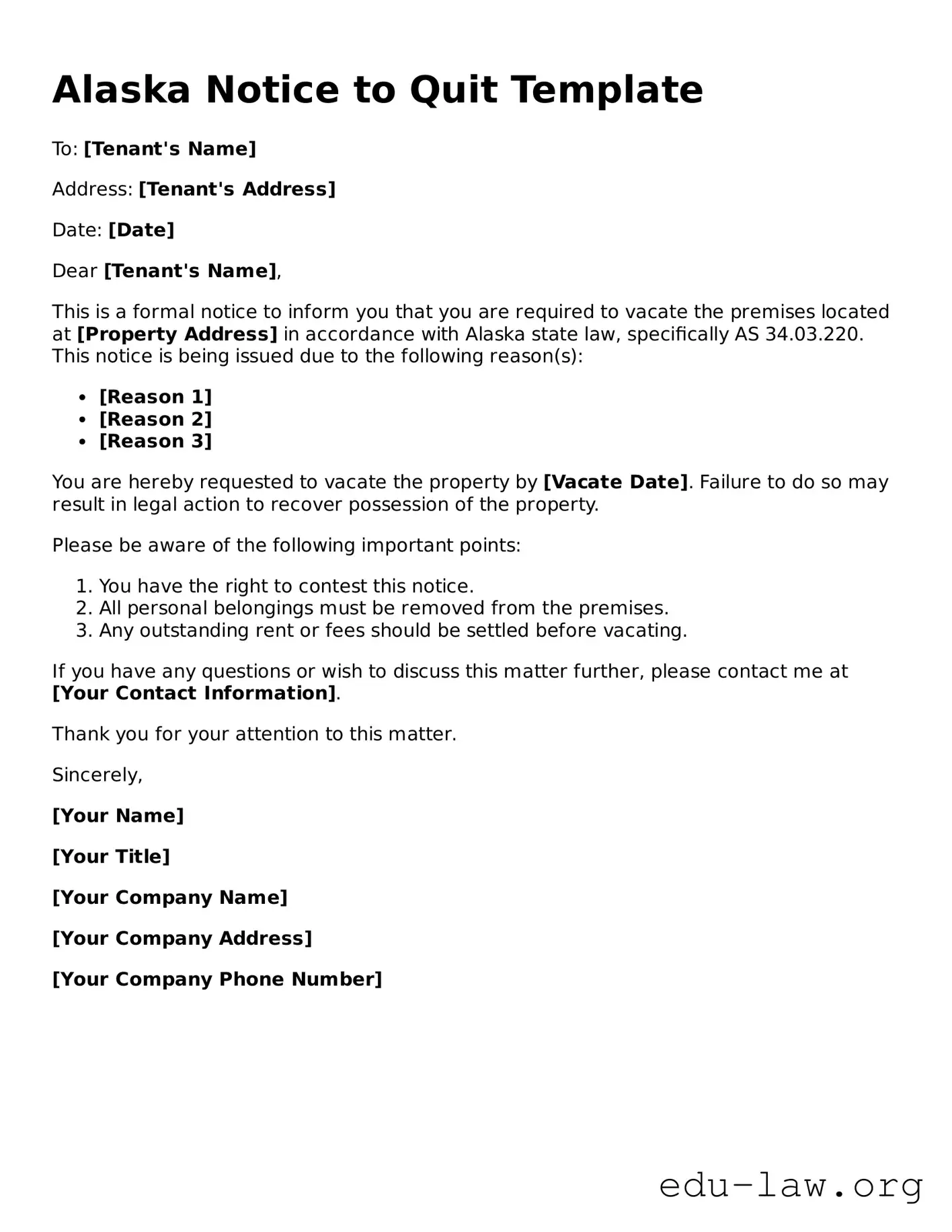 Legal  Notice to Quit Template for Alaska