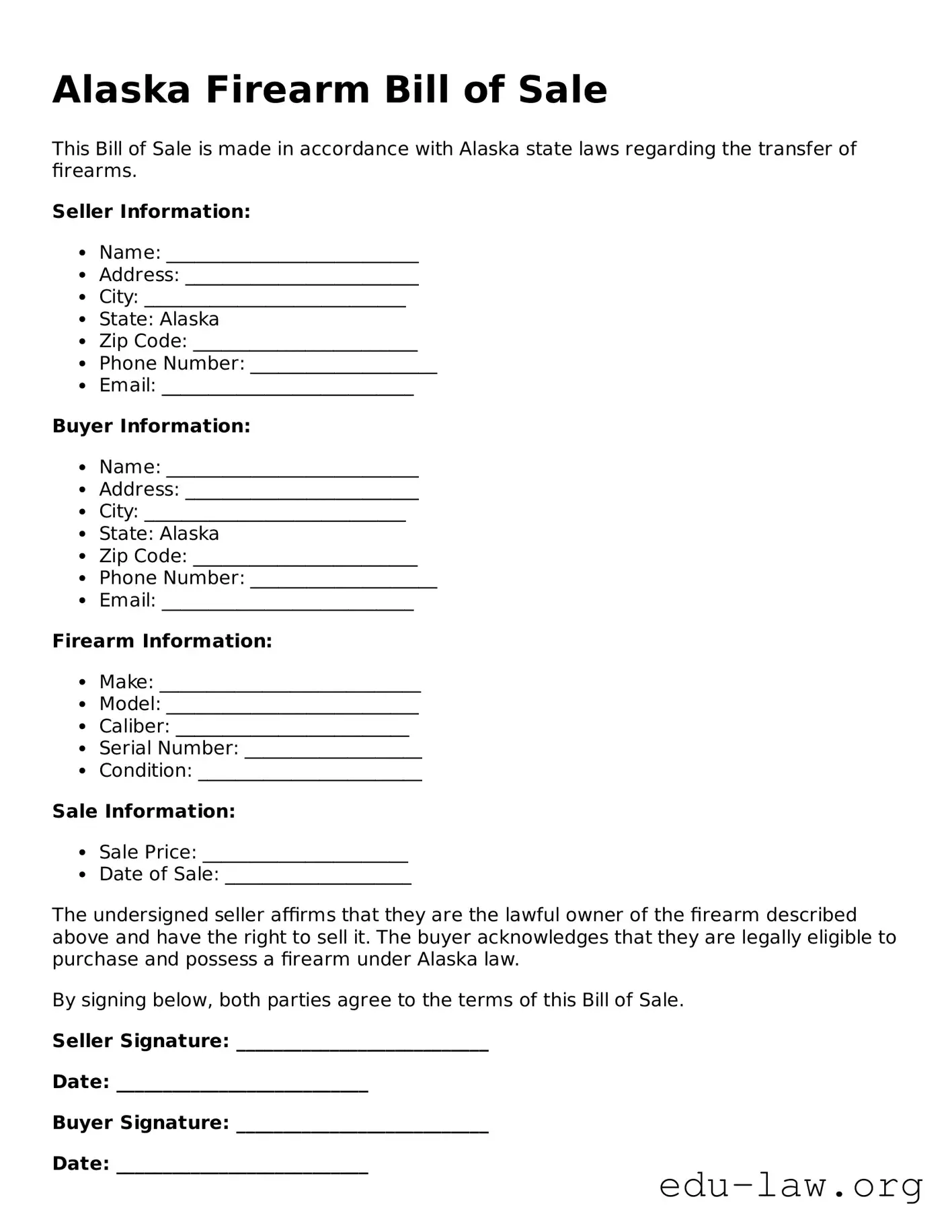 Legal  Firearm Bill of Sale Template for Alaska