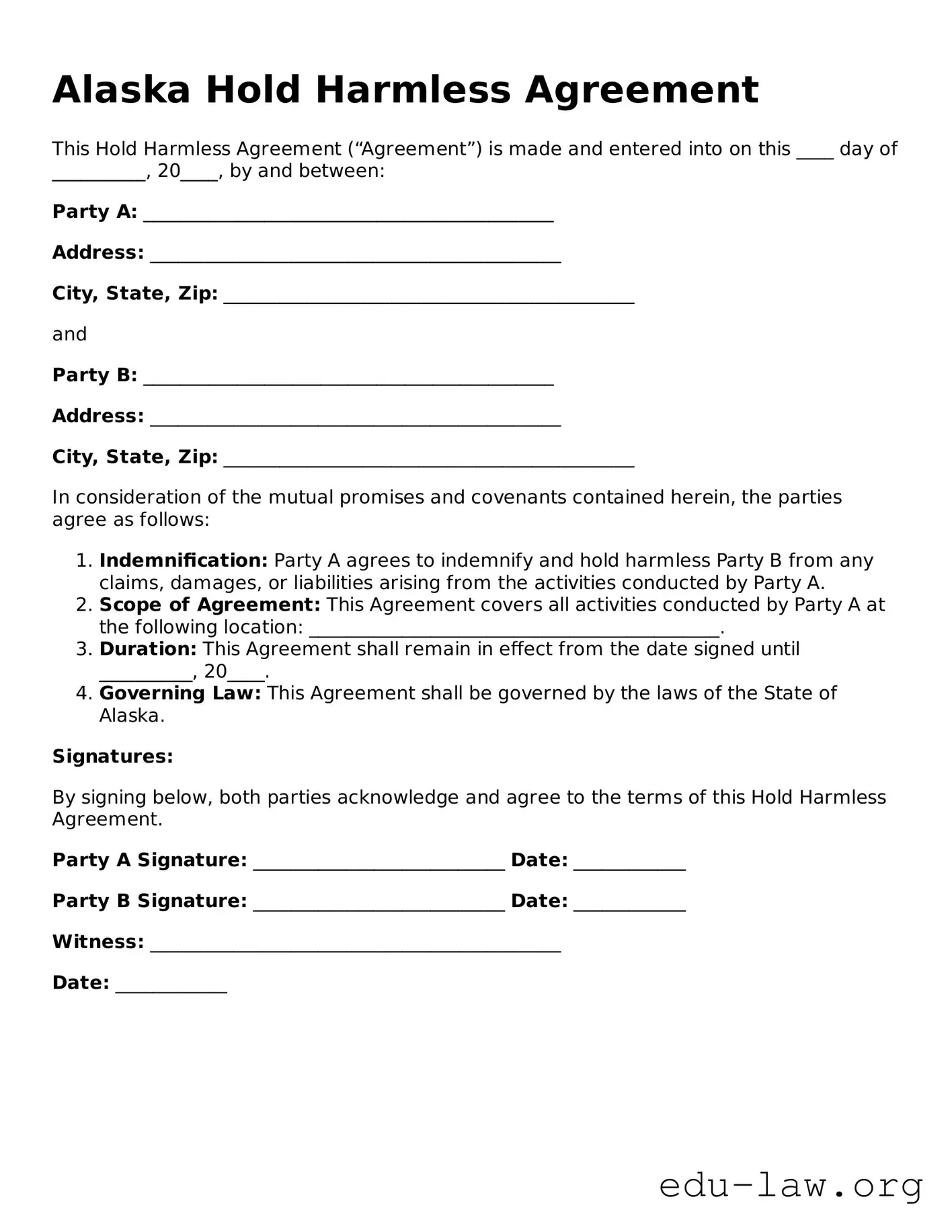 Legal  Hold Harmless Agreement Template for Alaska
