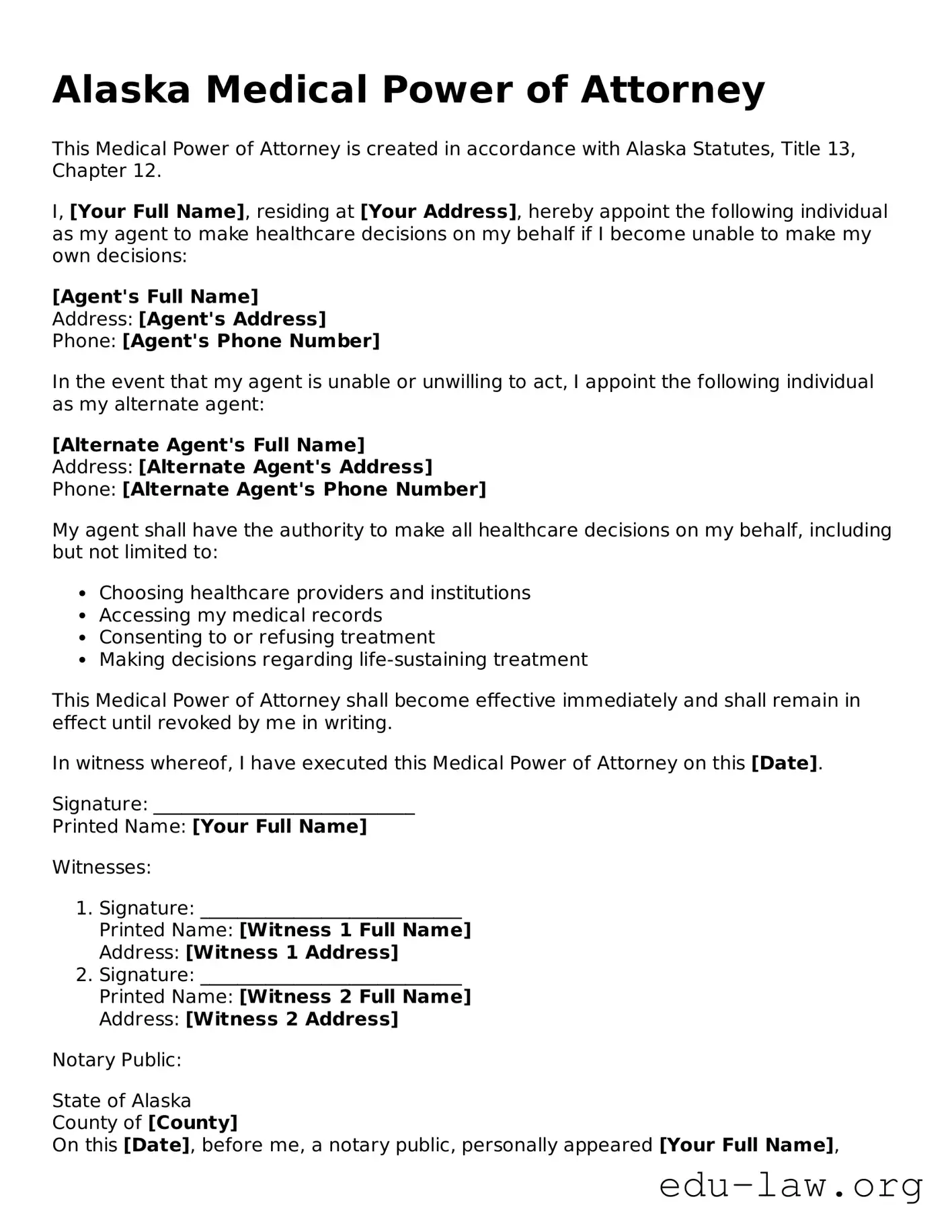 Legal  Medical Power of Attorney Template for Alaska