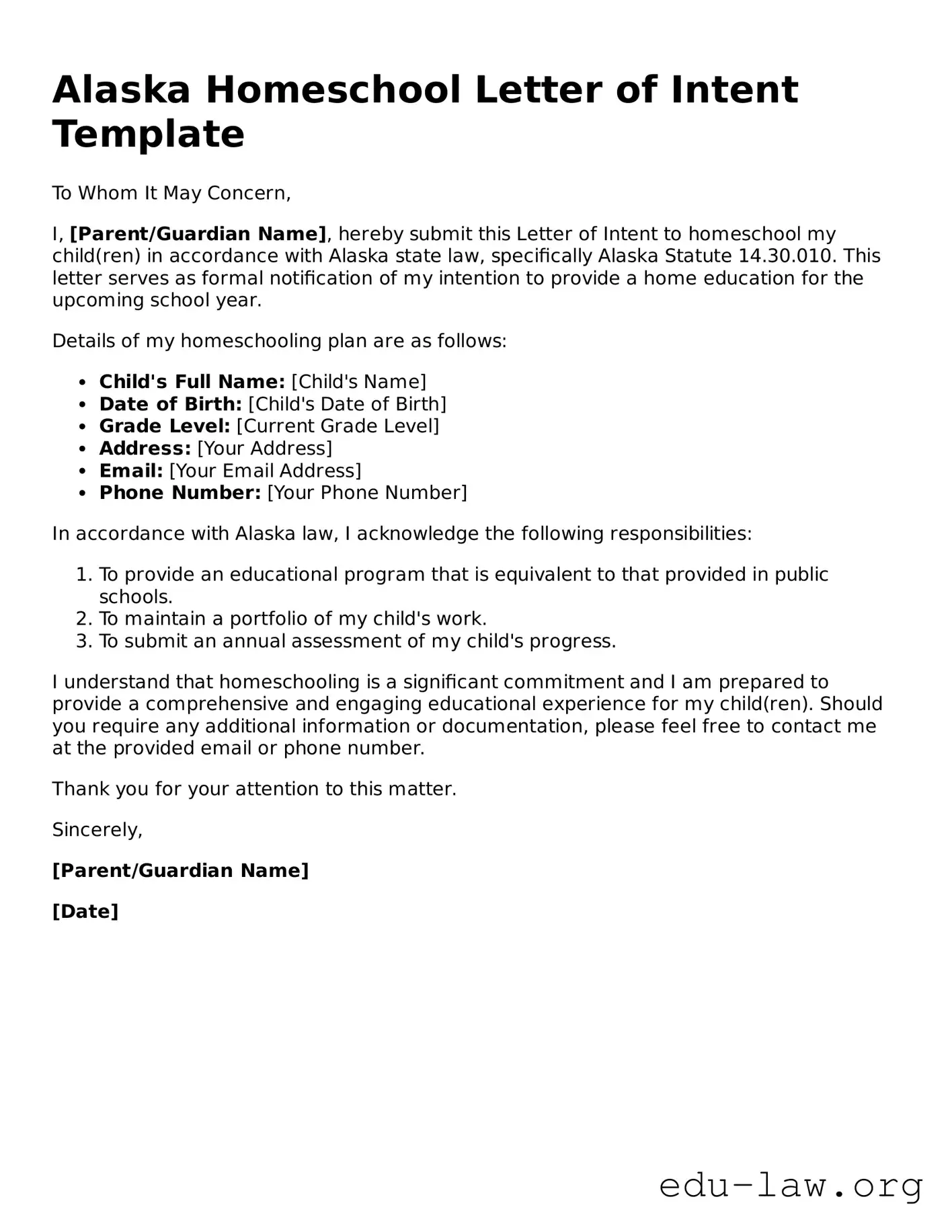 Legal  Homeschool Letter of Intent Template for Alaska
