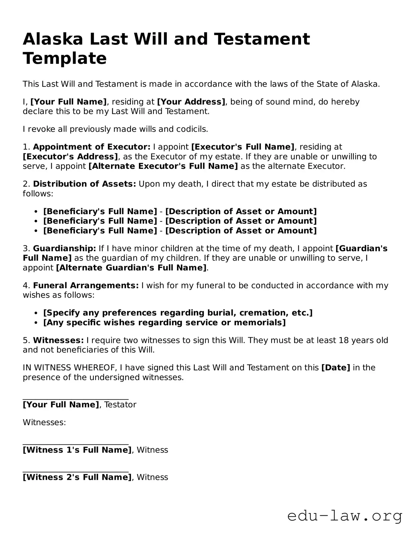 Legal  Last Will and Testament Template for Alaska