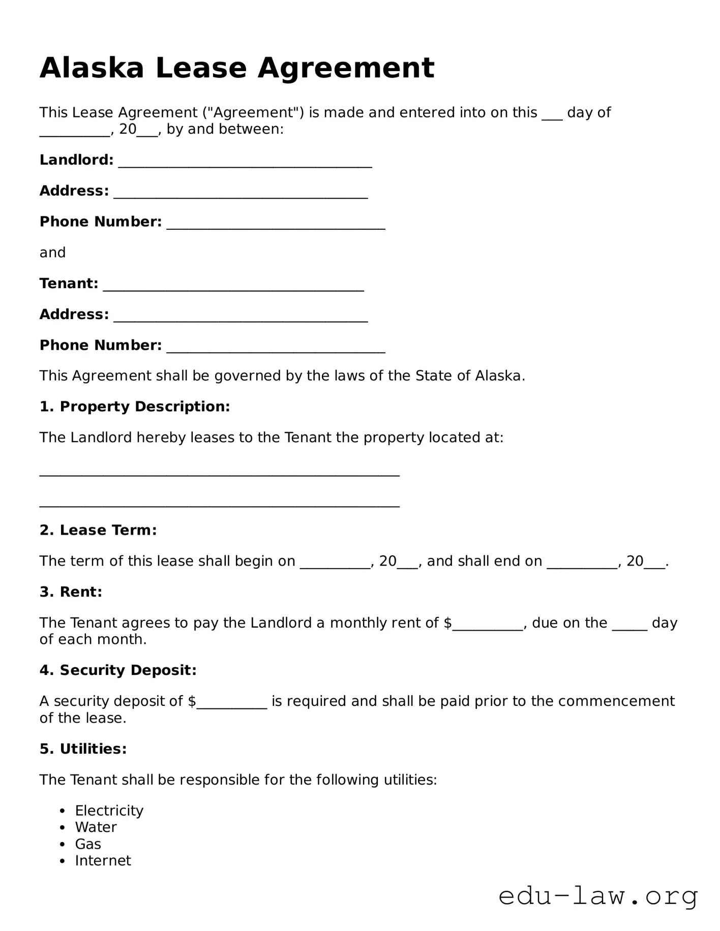 Legal  Lease Agreement Template for Alaska