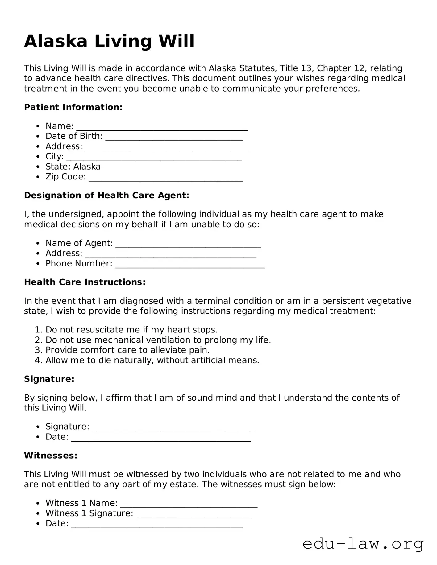 Legal  Living Will Template for Alaska