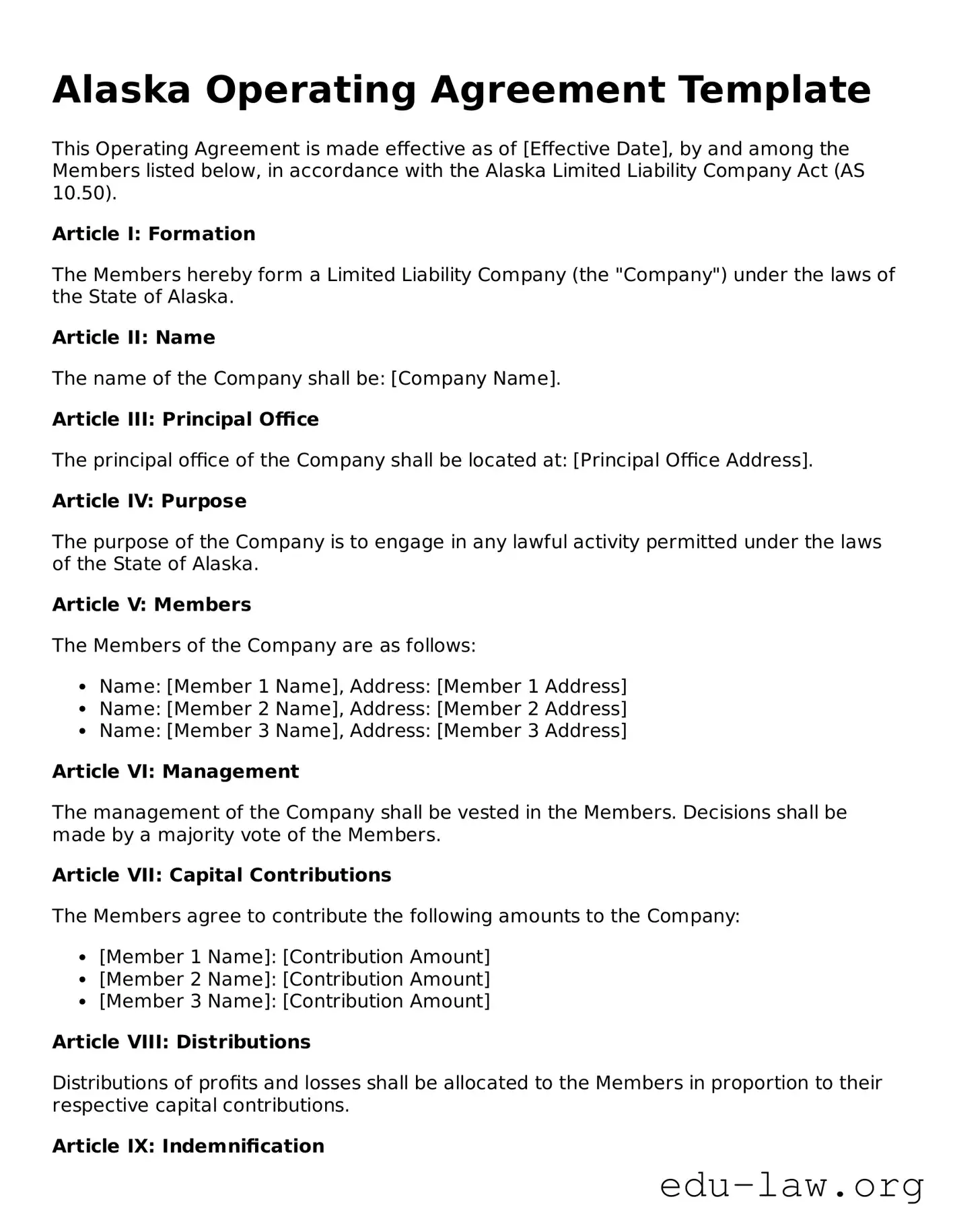 Legal  Operating Agreement Template for Alaska