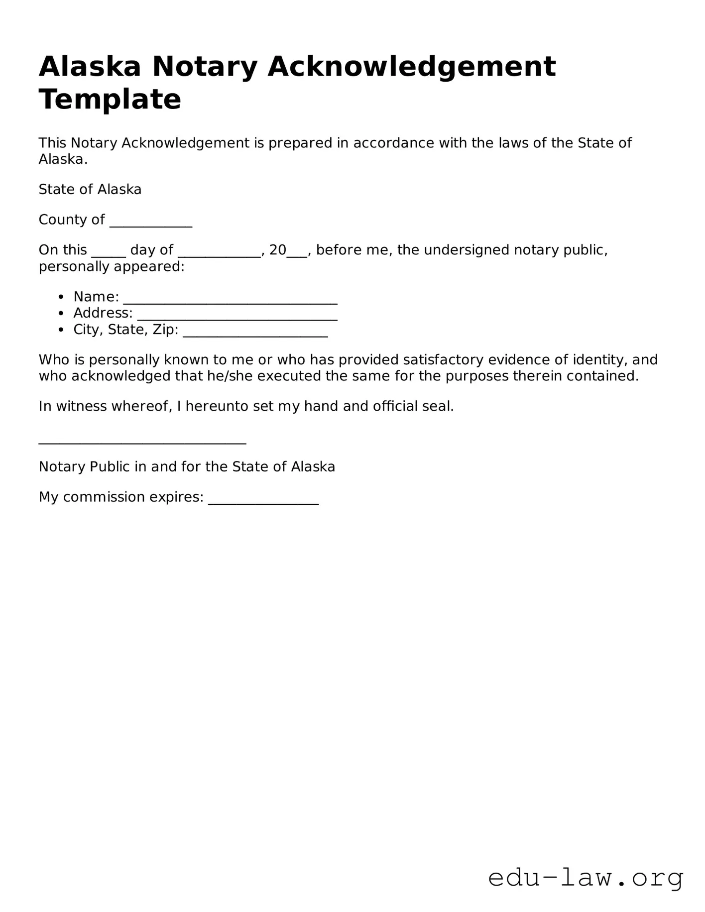 Legal  Notary Acknowledgement Template for Alaska