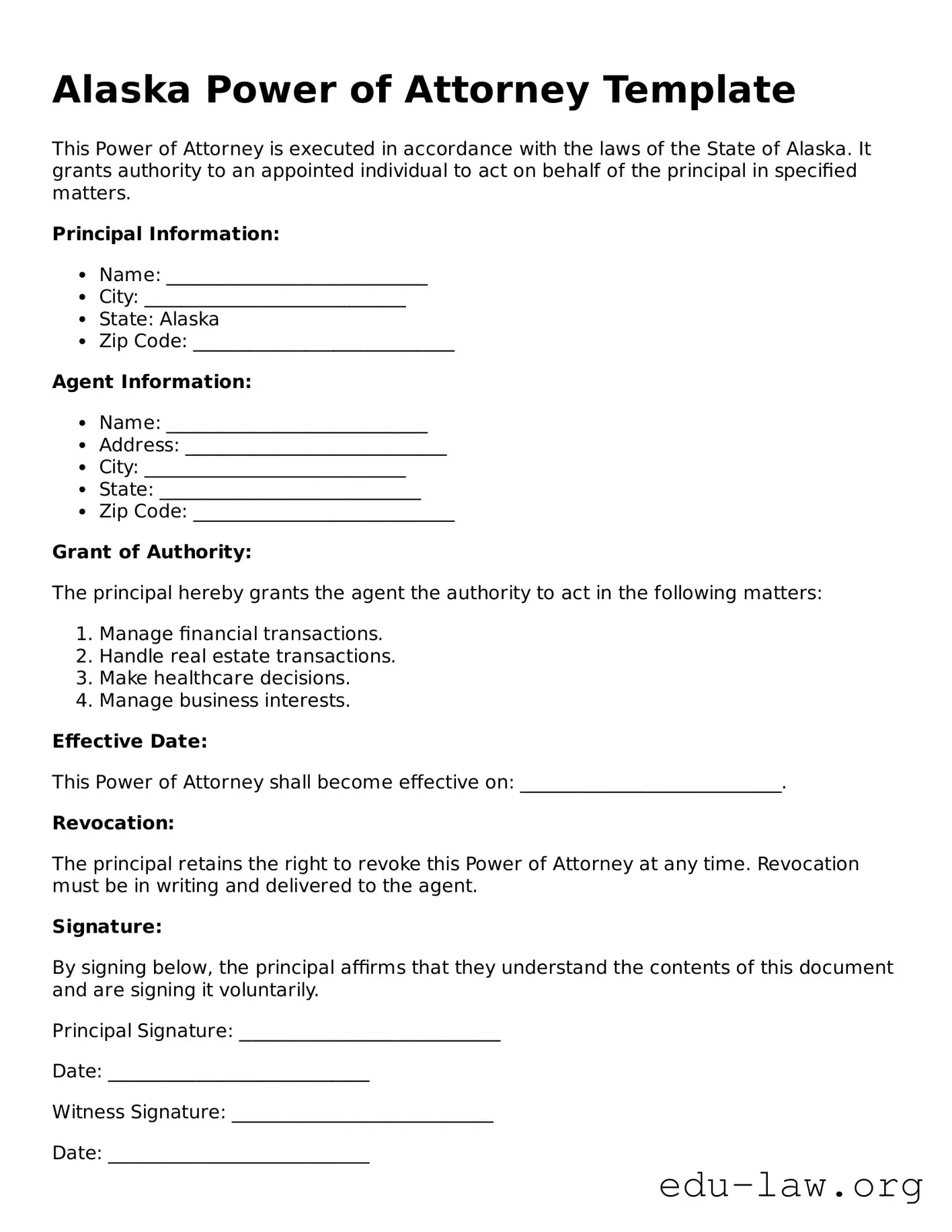 Legal  Power of Attorney Template for Alaska