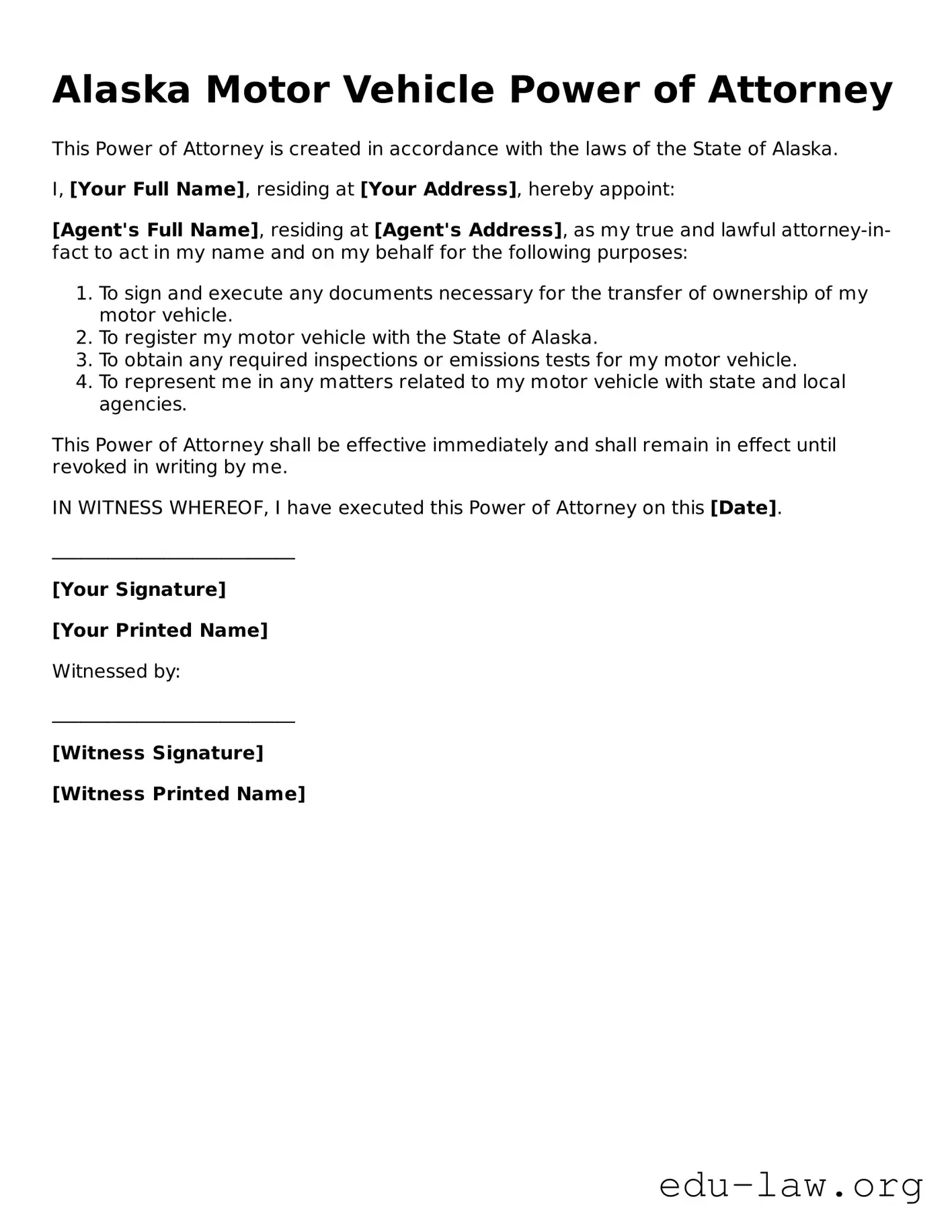 Legal  Motor Vehicle Power of Attorney Template for Alaska