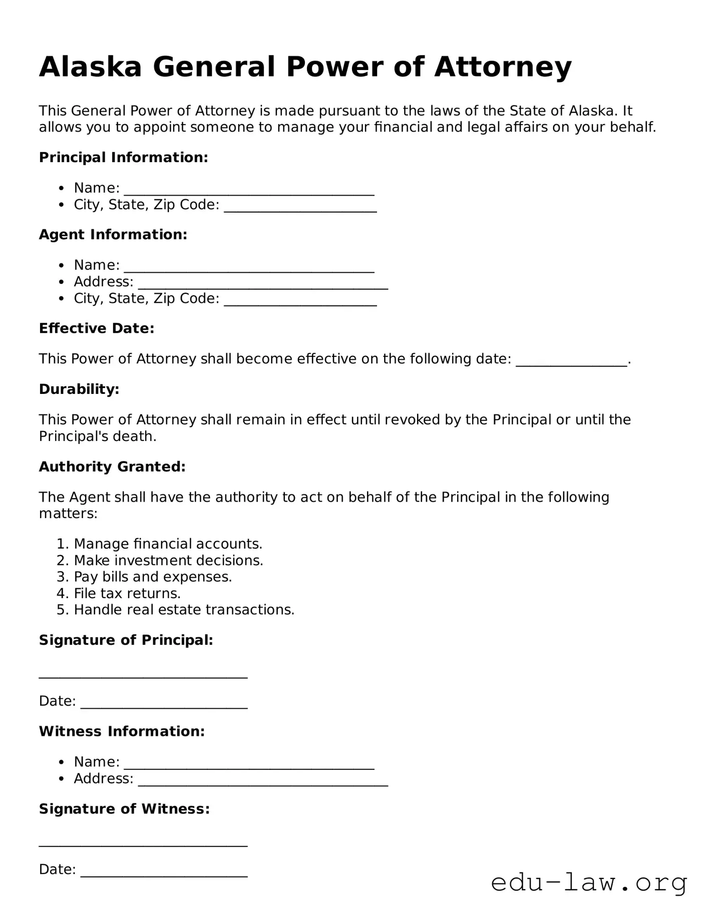 Legal  General Power of Attorney Template for Alaska