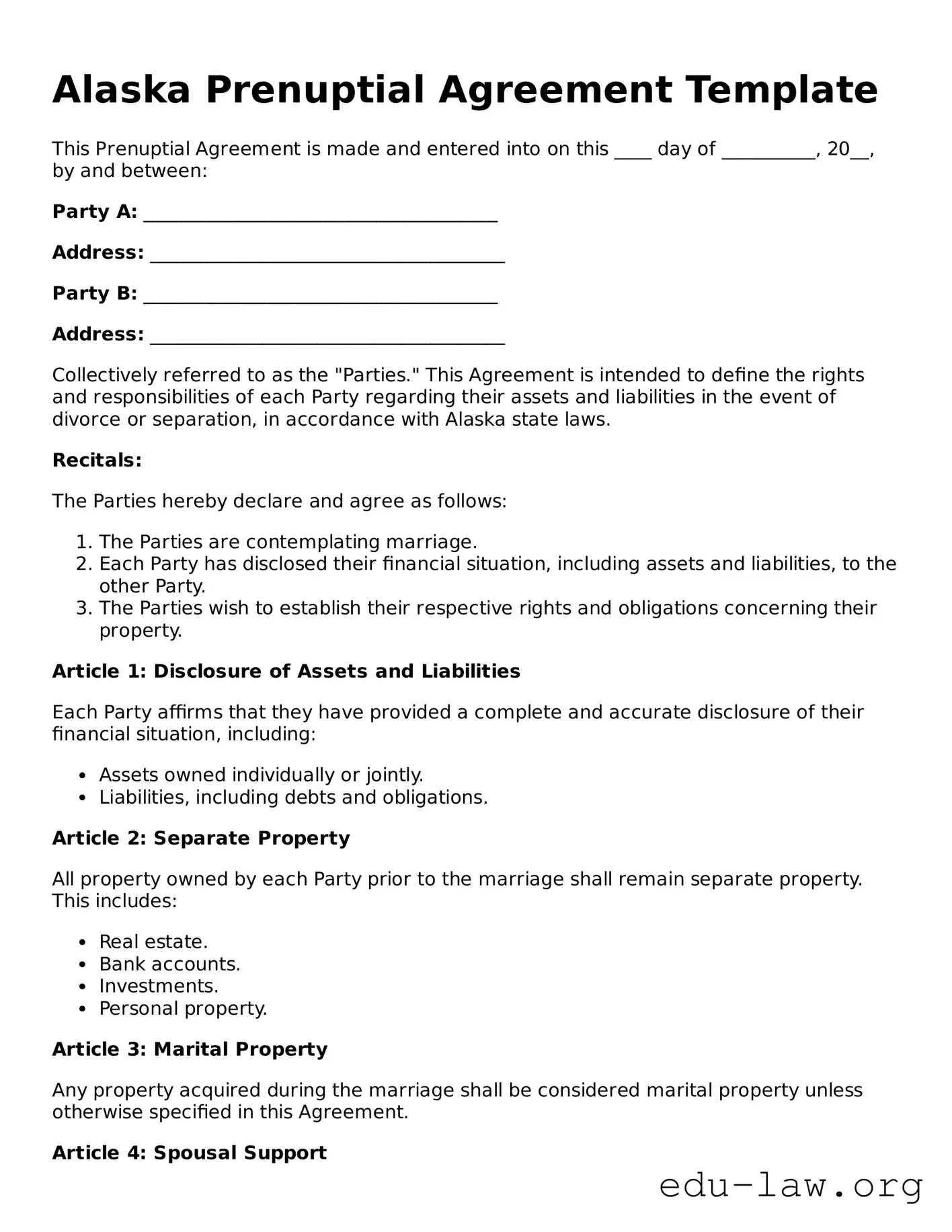 Legal  Prenuptial Agreement Template for Alaska