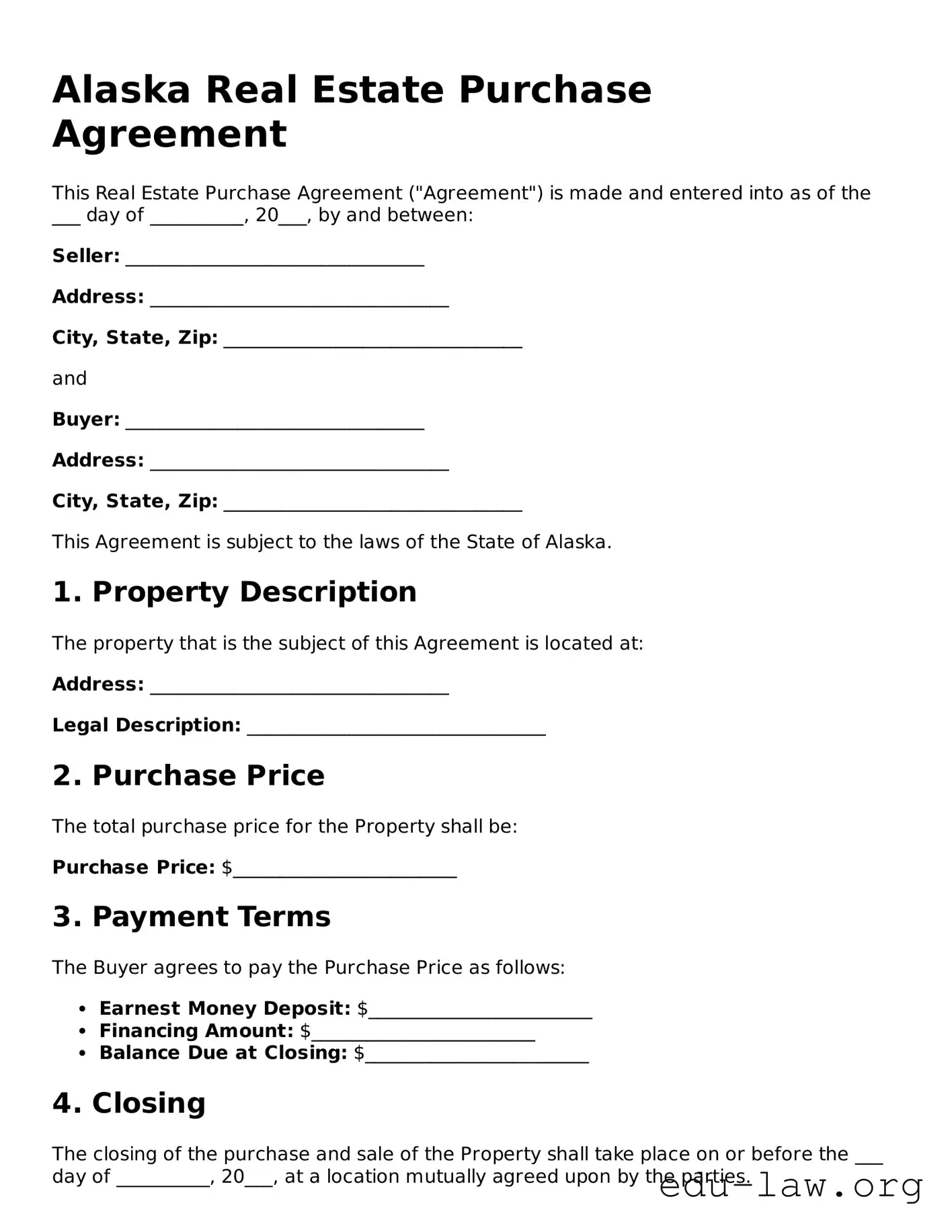 Legal  Real Estate Purchase Agreement Template for Alaska
