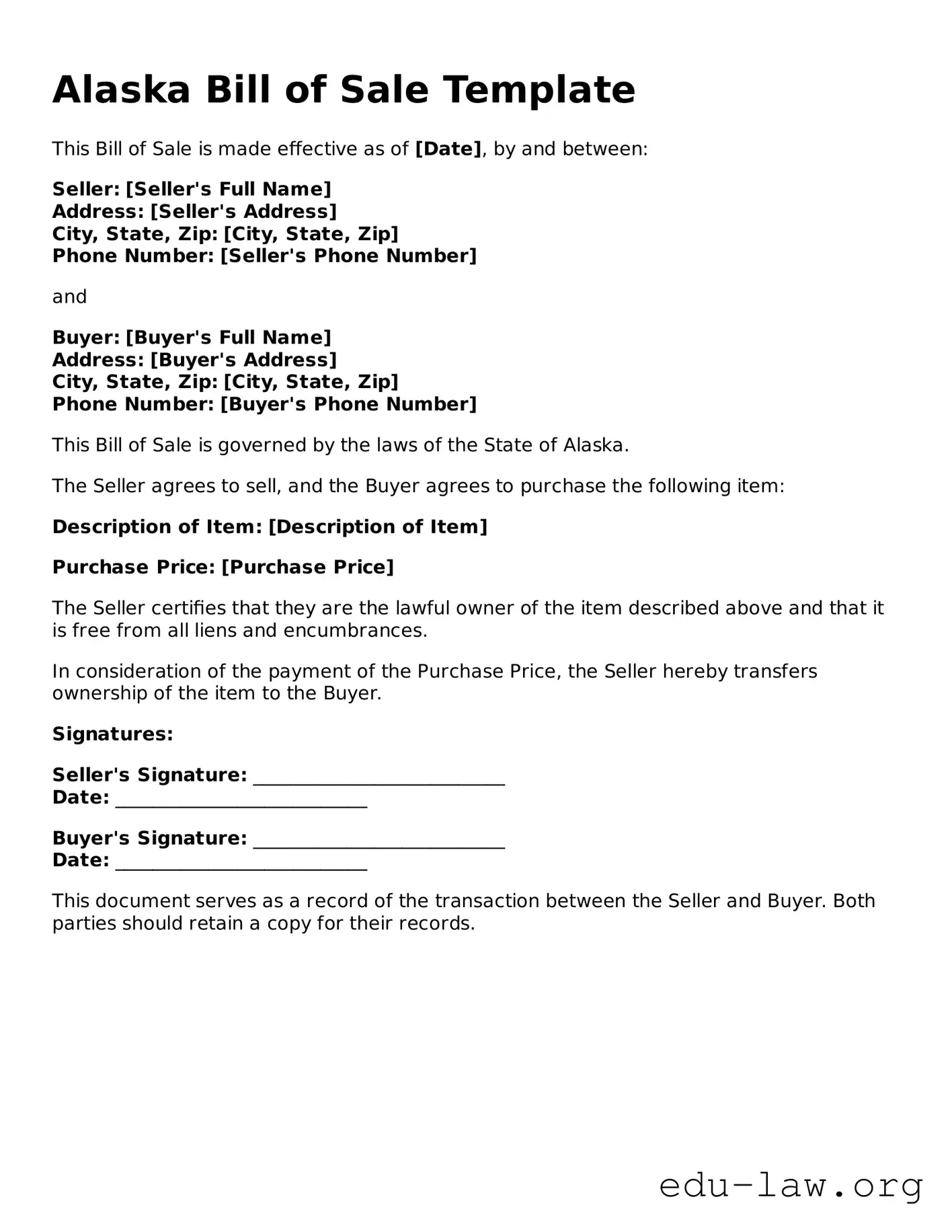 Legal  Bill of Sale Template for Alaska