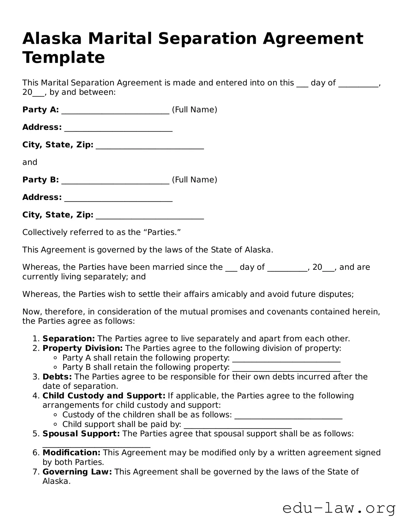 Legal  Marital Separation Agreement Template for Alaska