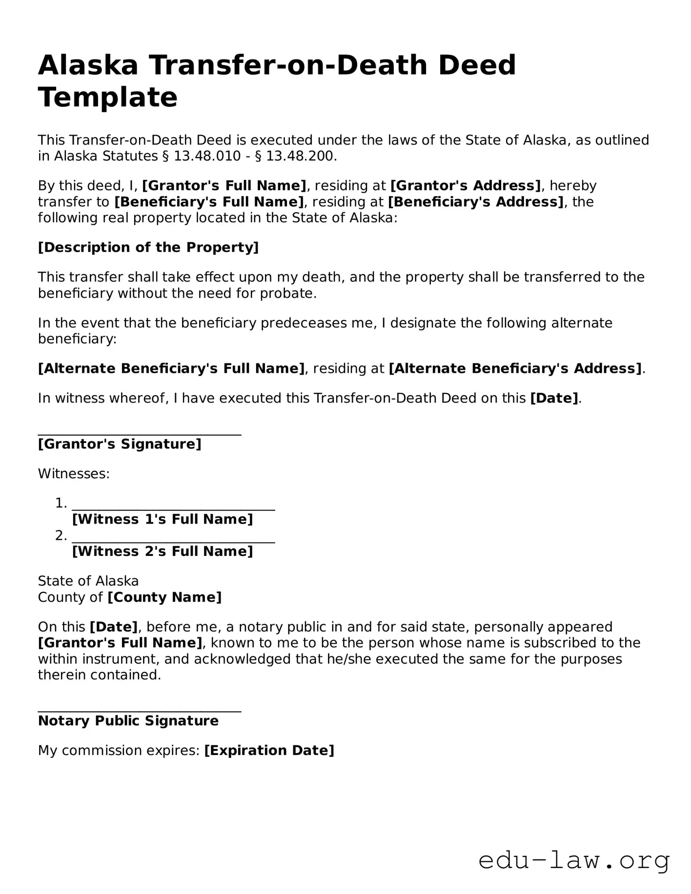 Legal  Transfer-on-Death Deed Template for Alaska