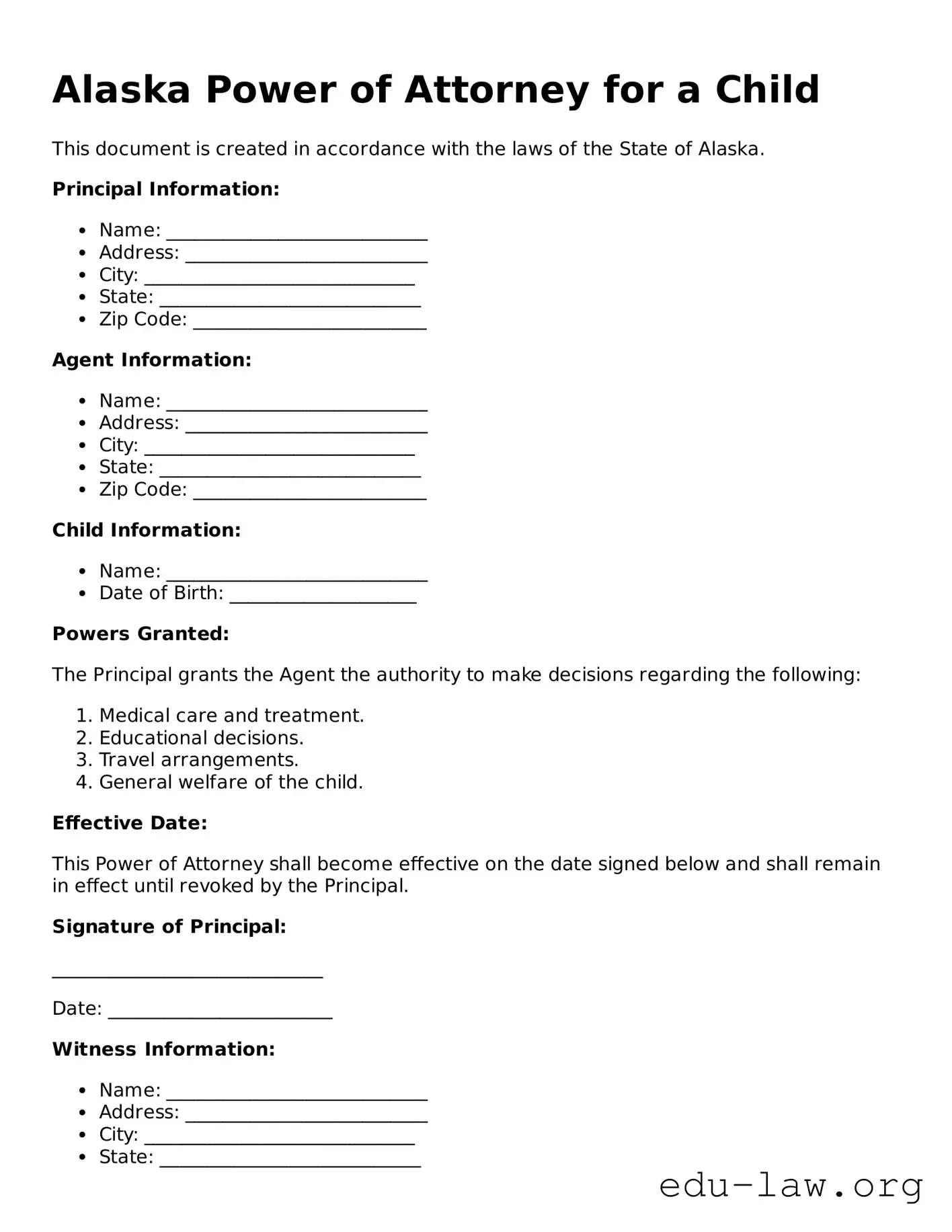 Legal  Power of Attorney for a Child Template for Alaska