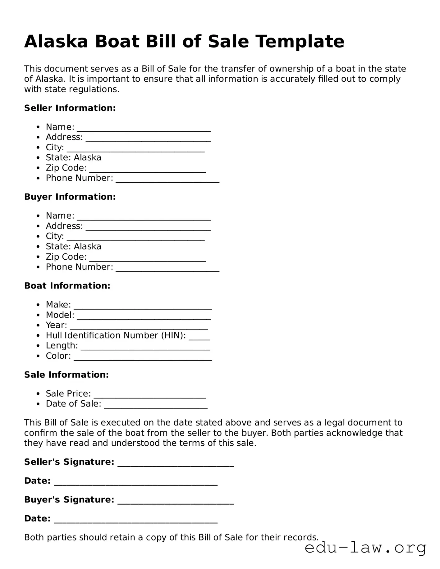 Legal  Boat Bill of Sale Template for Alaska