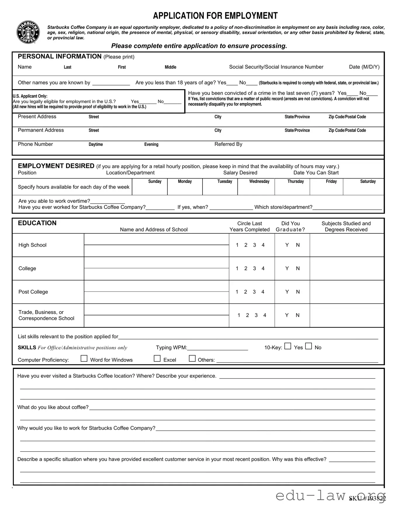 Fill in Your Starbucks Application Template