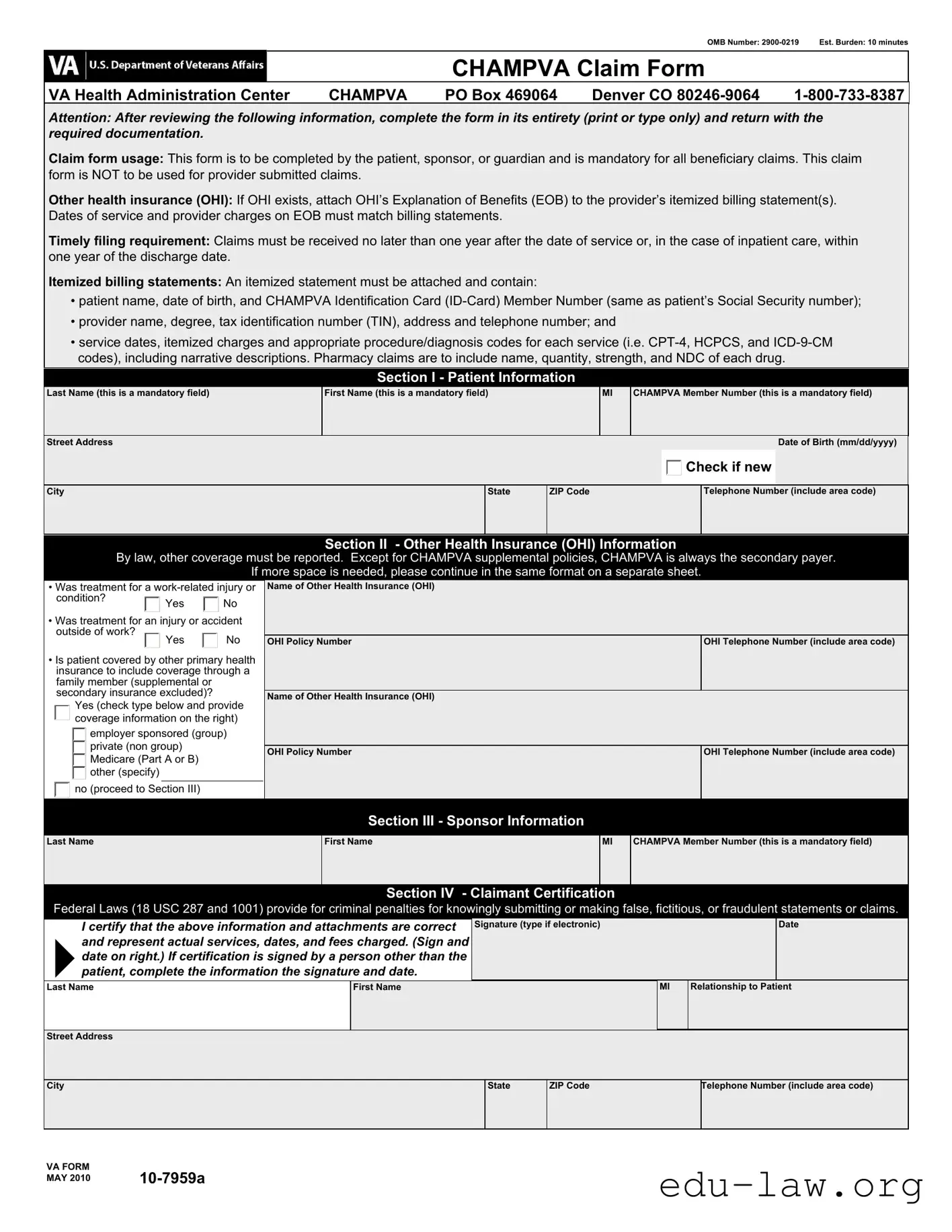 Fill in Your Champva Claim Va 10 7959A Template