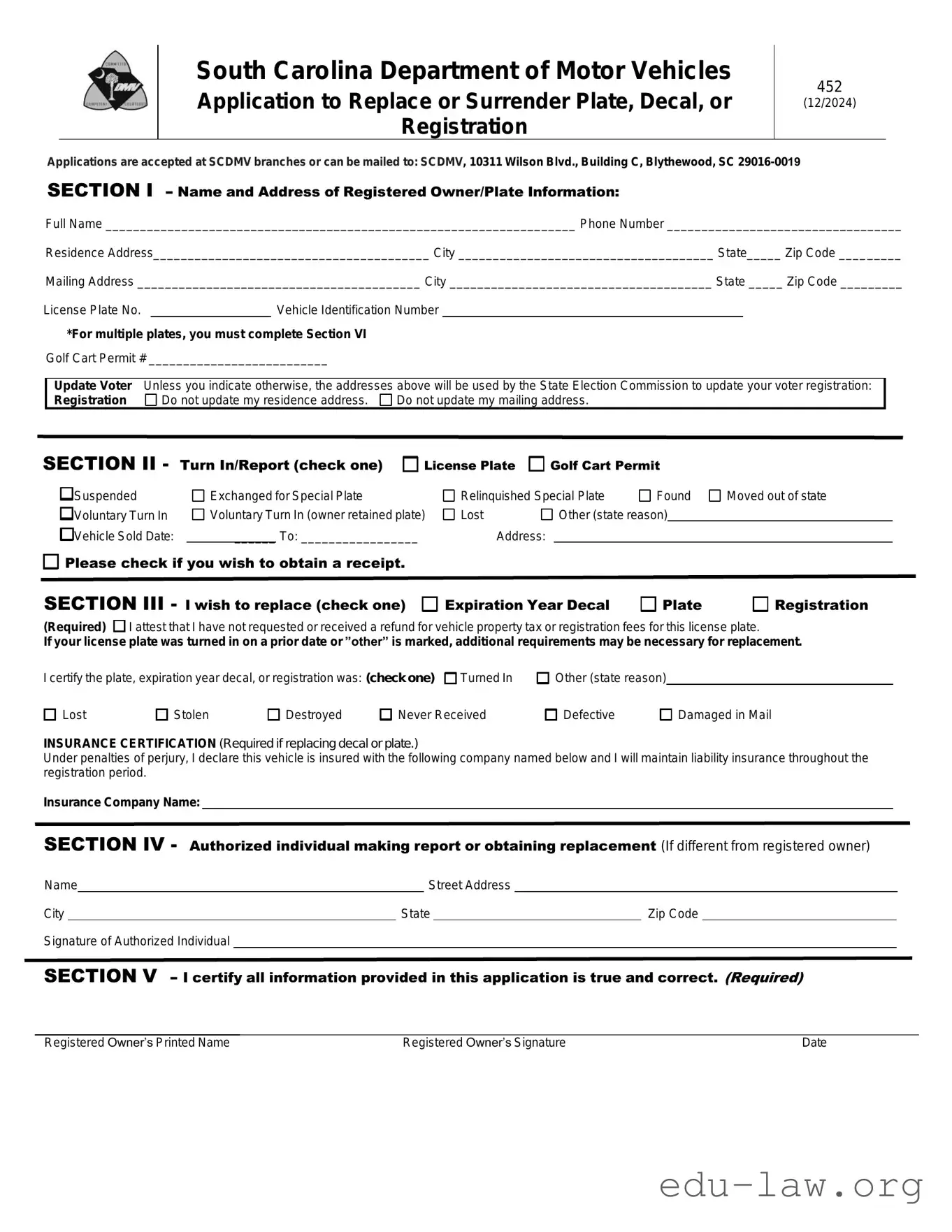 Fill in Your Sc 452 Dmv Template