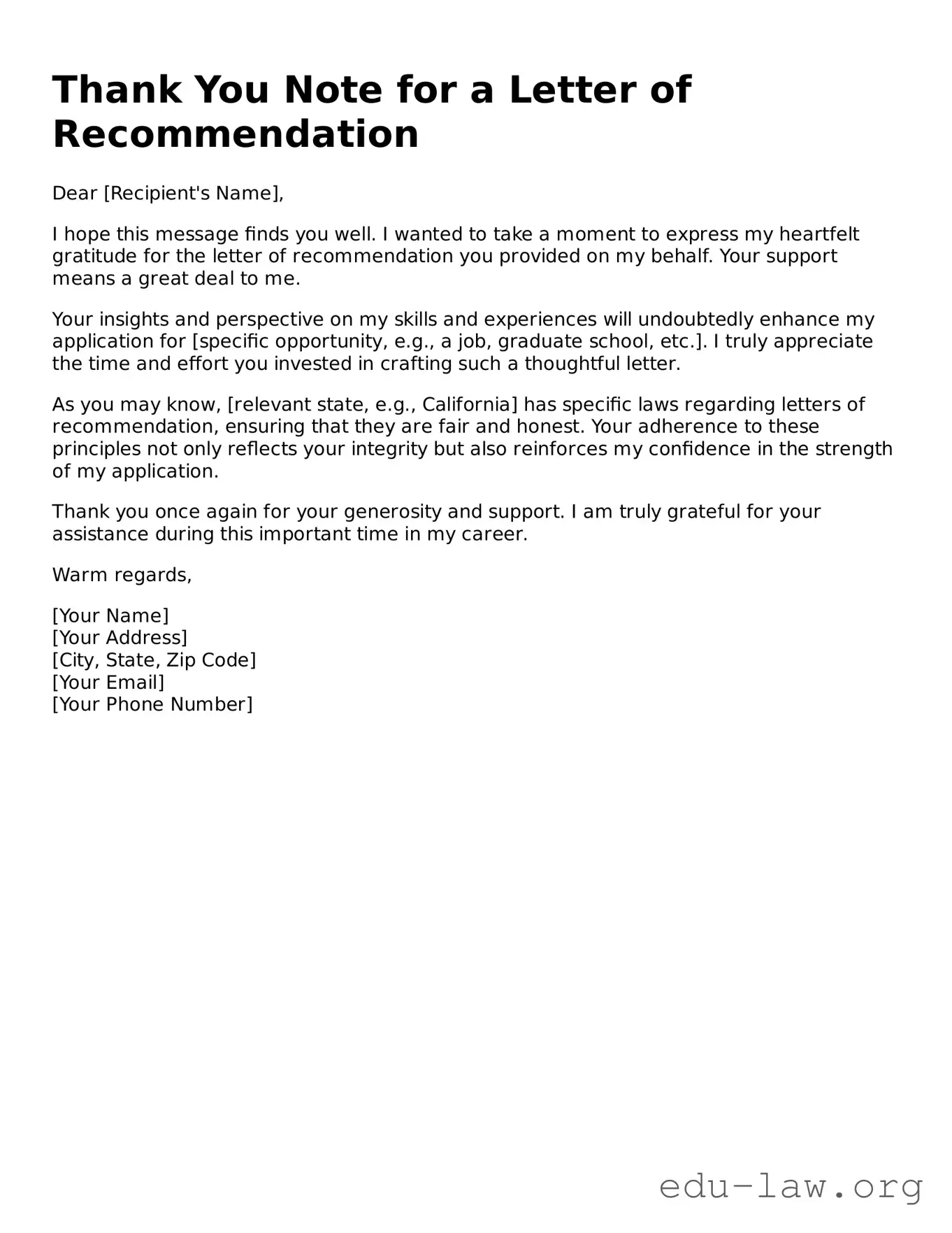 Thank You Note for a Letter of Recommendation Template