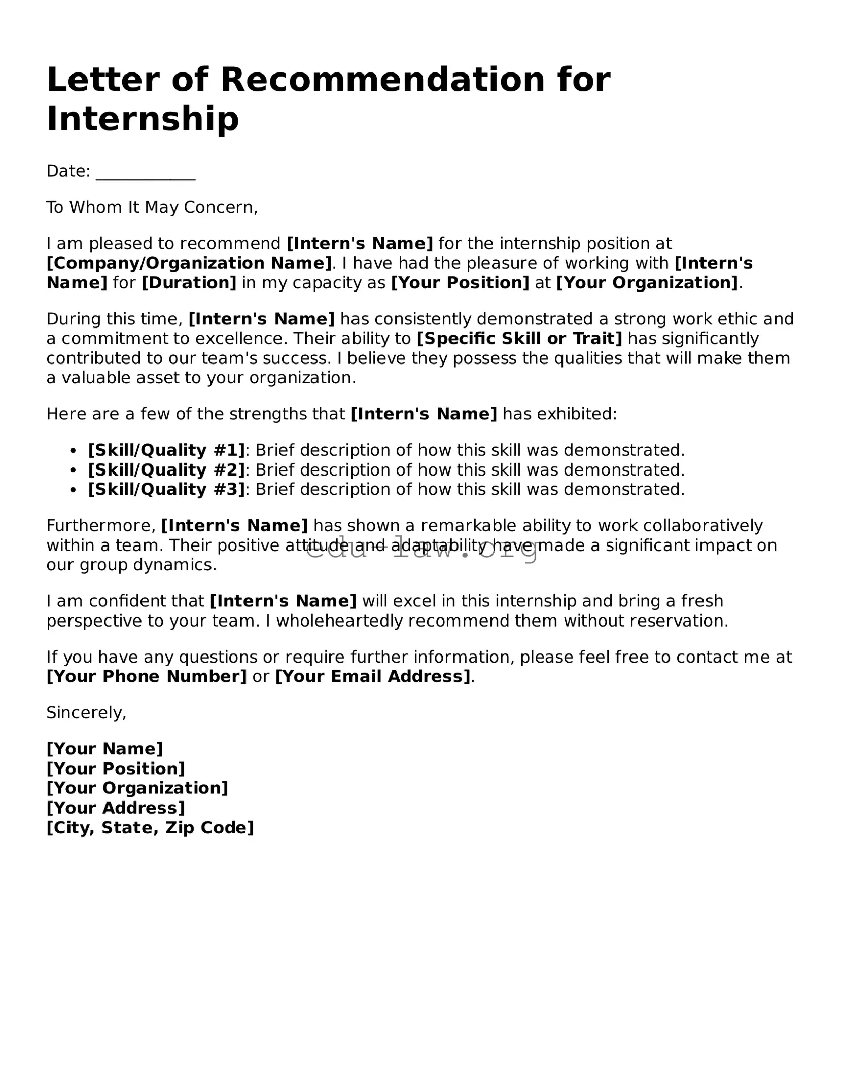 Letter of Recommendation for Internship Template