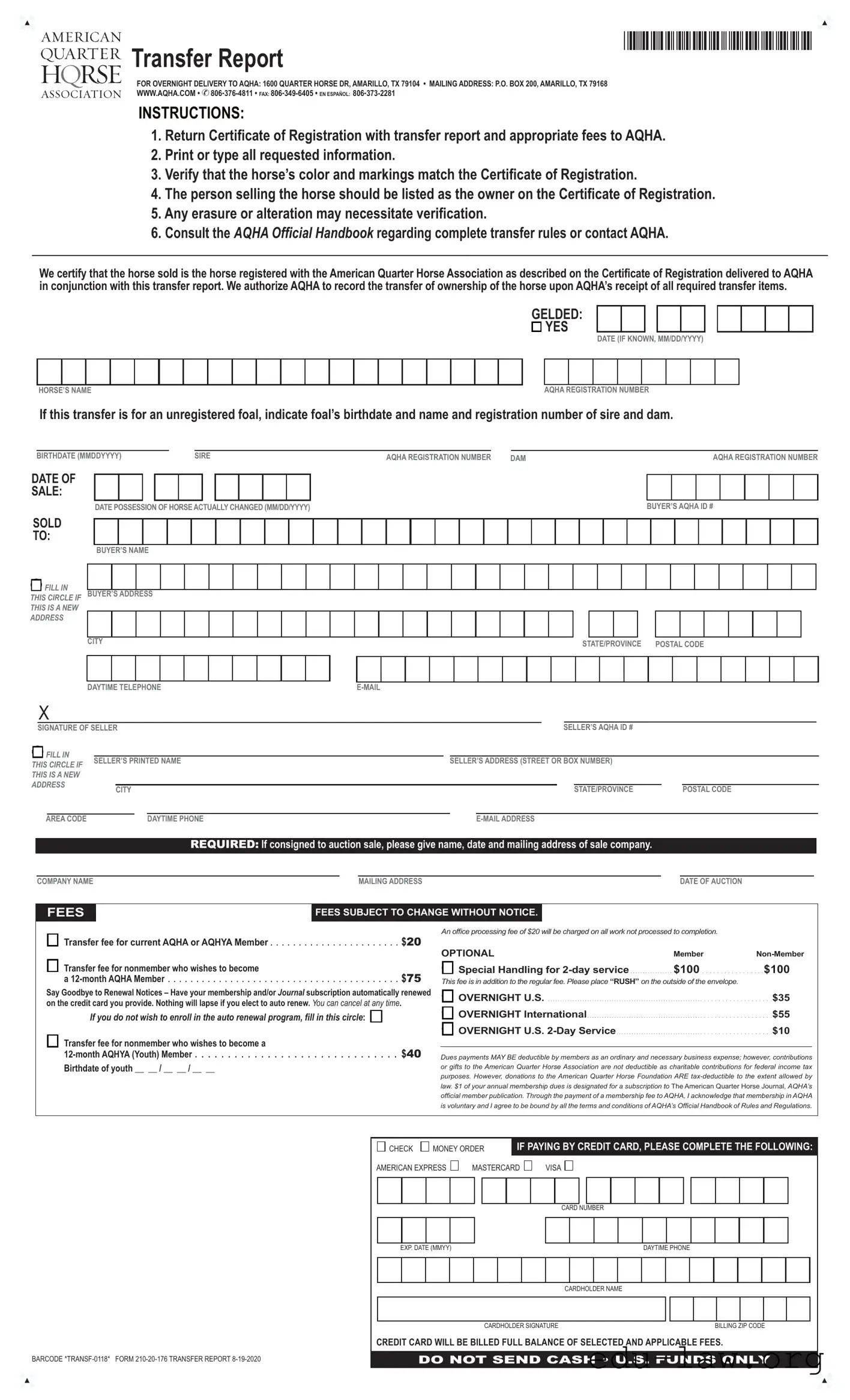 Fill in Your AQHA transfer form Template