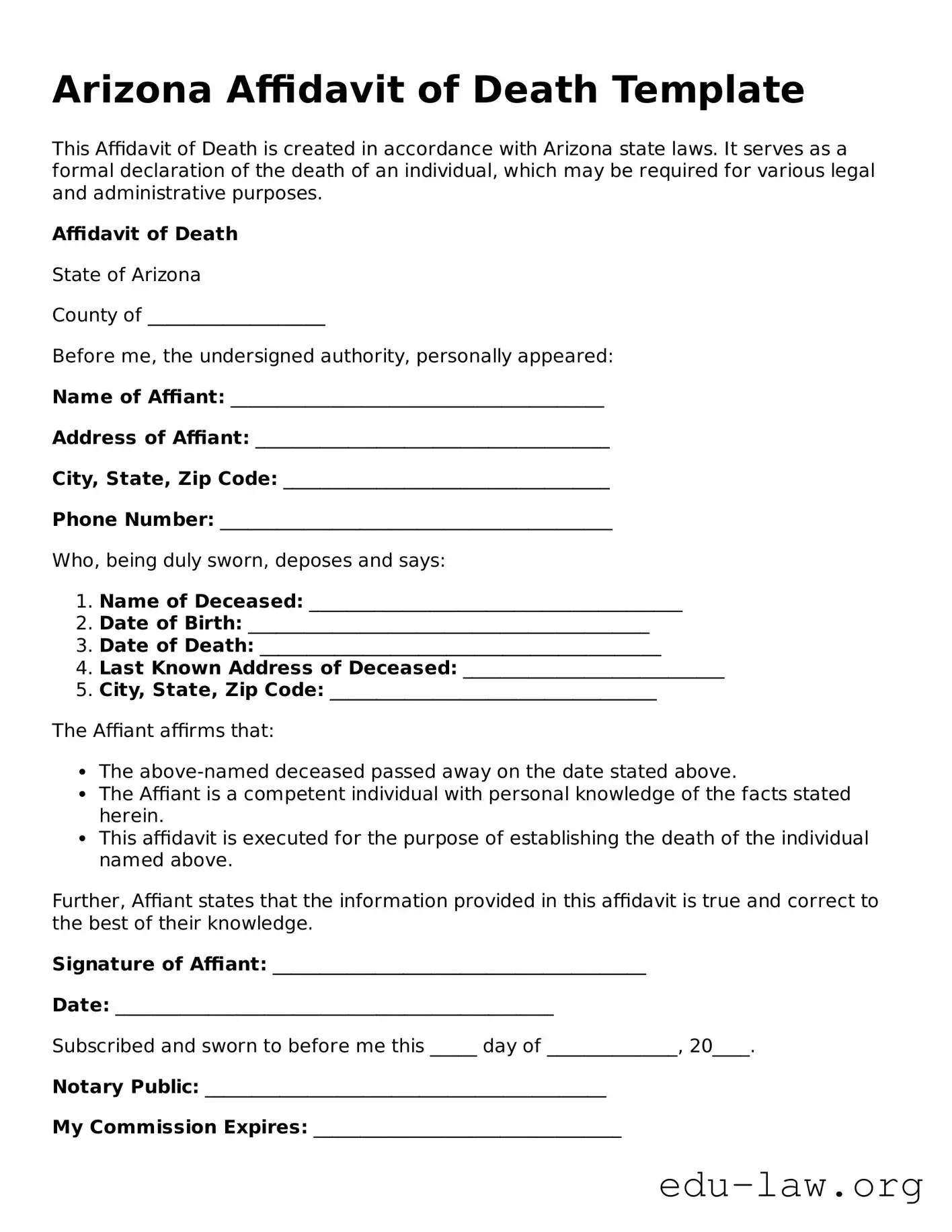 Legal  Affidavit of Death Template for Arizona