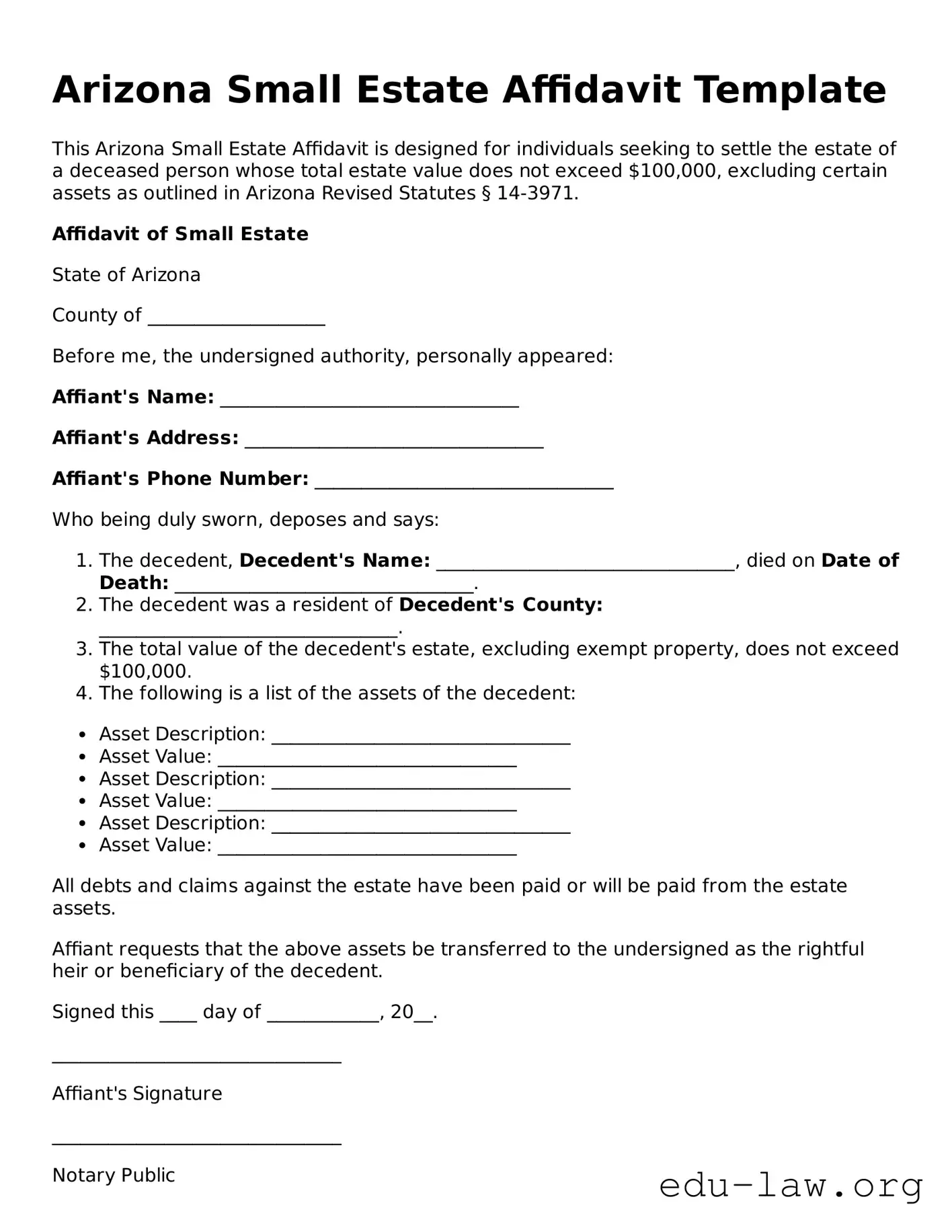 Legal  Small Estate Affidavit Template for Arizona
