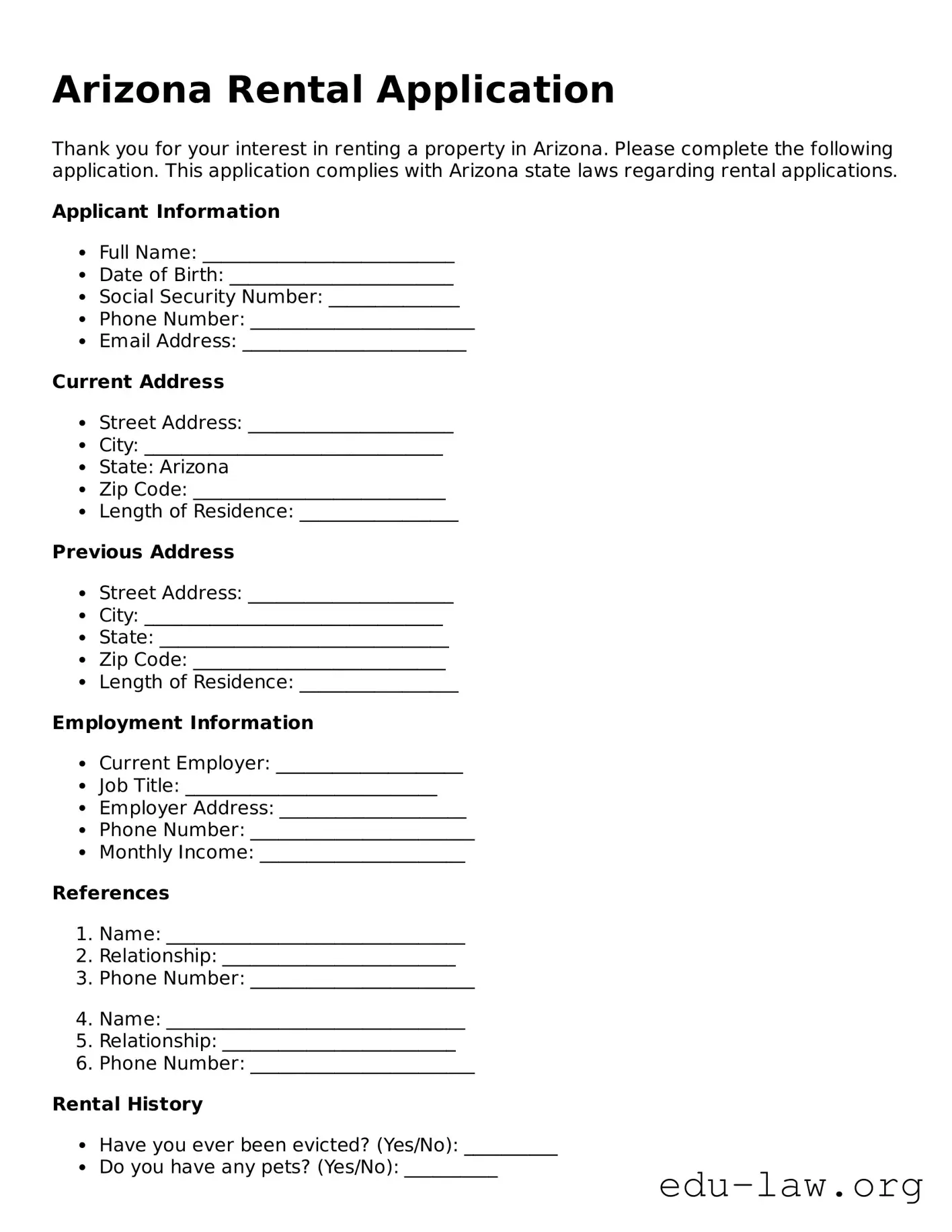 Legal  Rental Application Template for Arizona