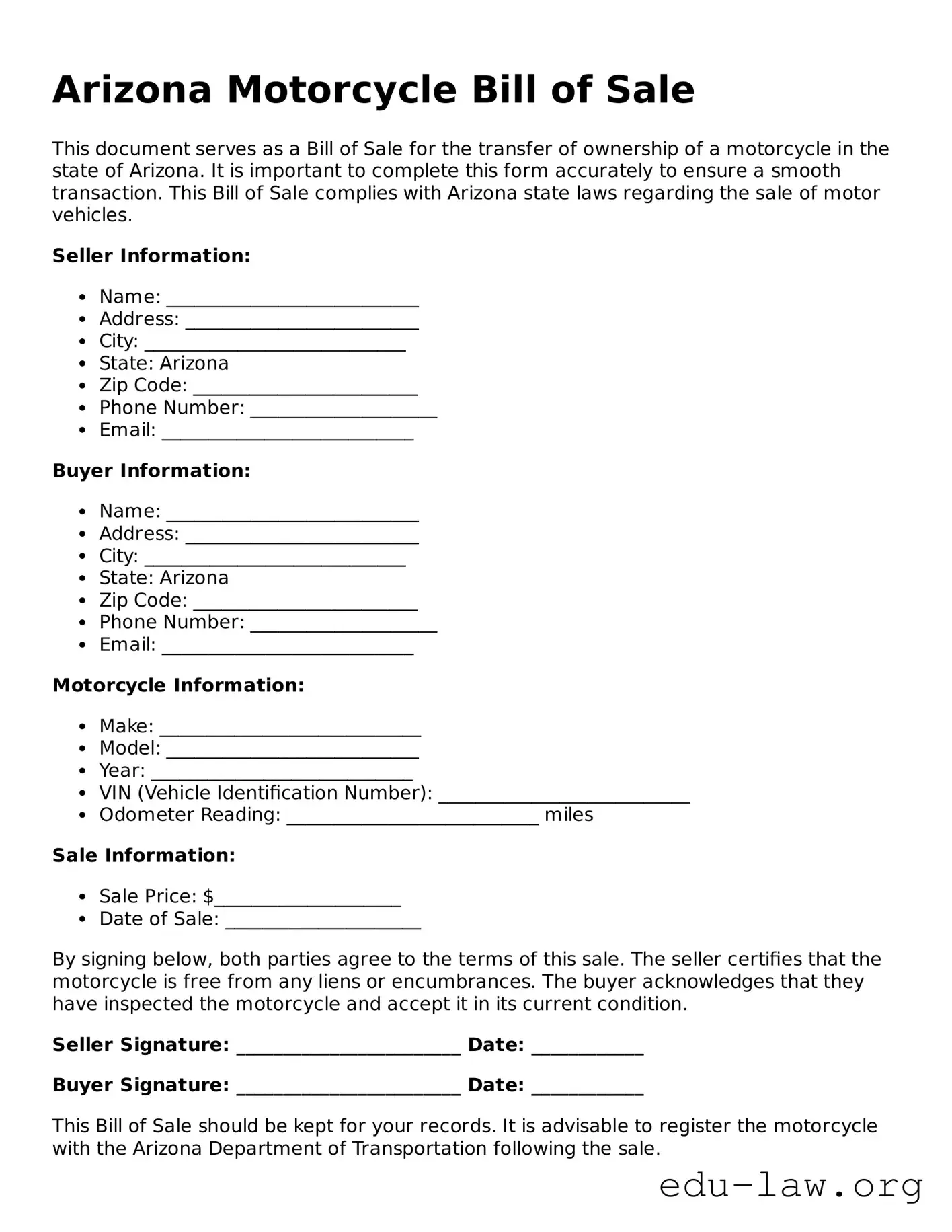 Legal  Motorcycle Bill of Sale Template for Arizona