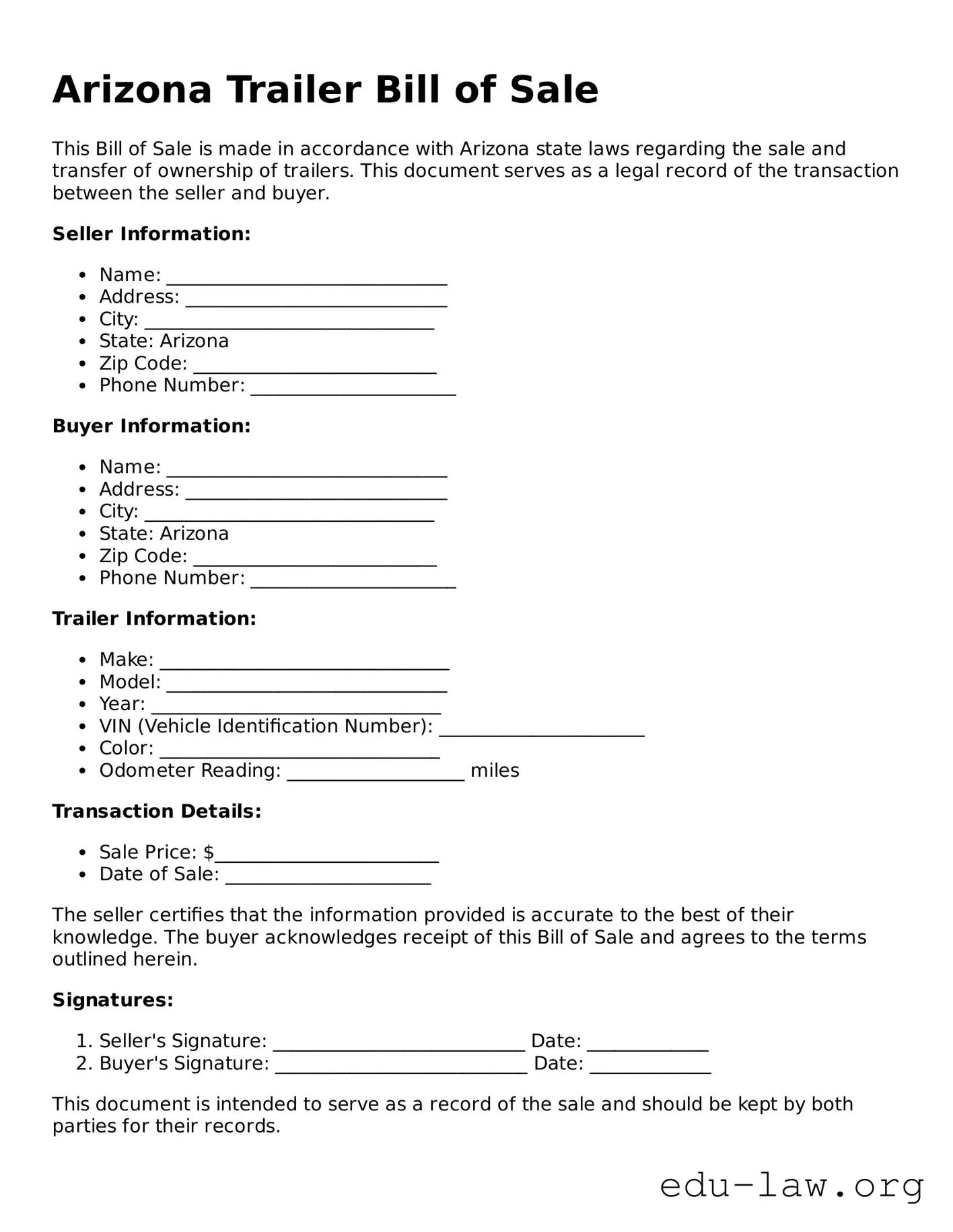 Legal  Trailer Bill of Sale Template for Arizona