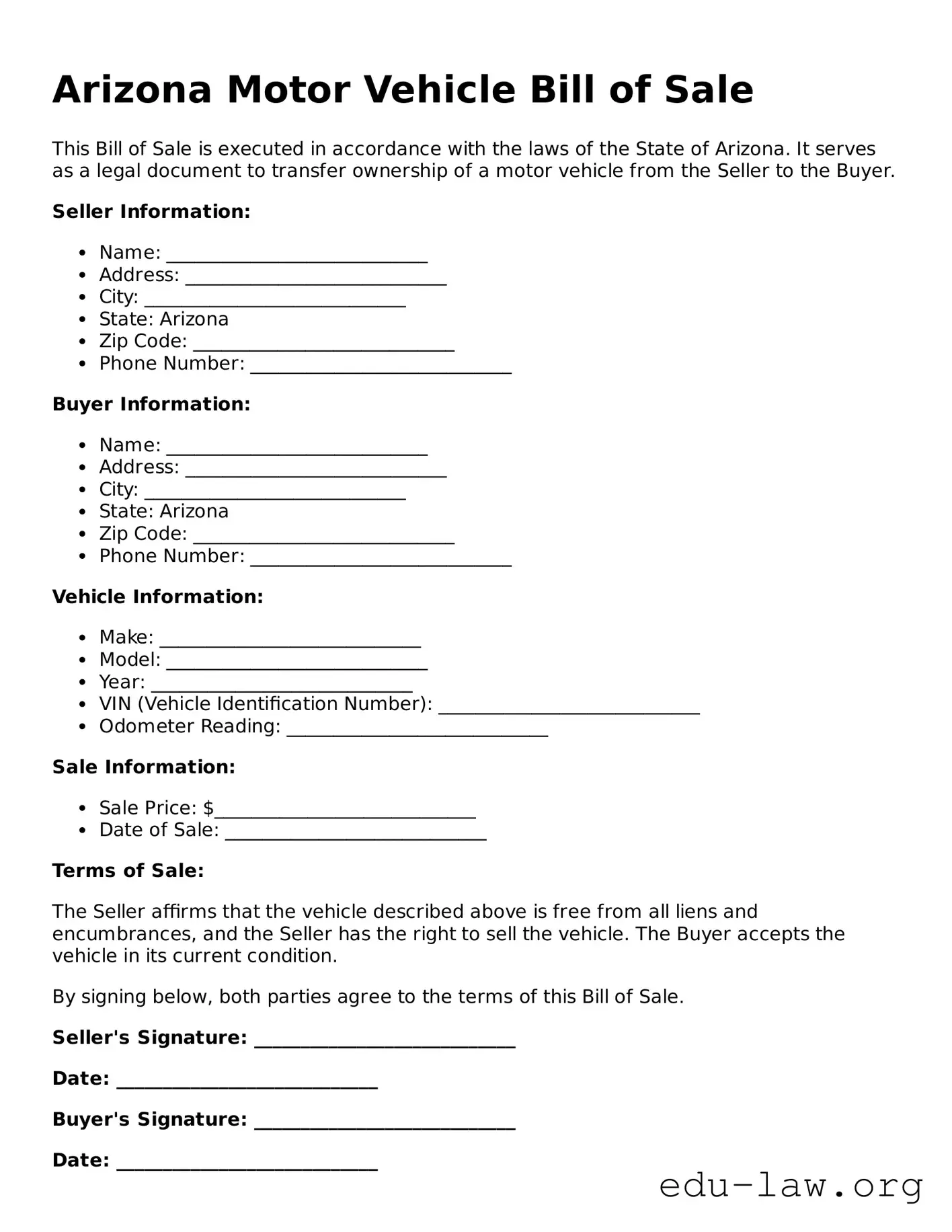 Legal  Motor Vehicle Bill of Sale Template for Arizona