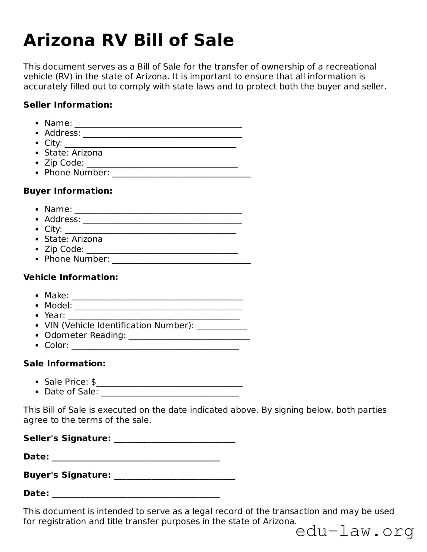 Legal  RV Bill of Sale Template for Arizona